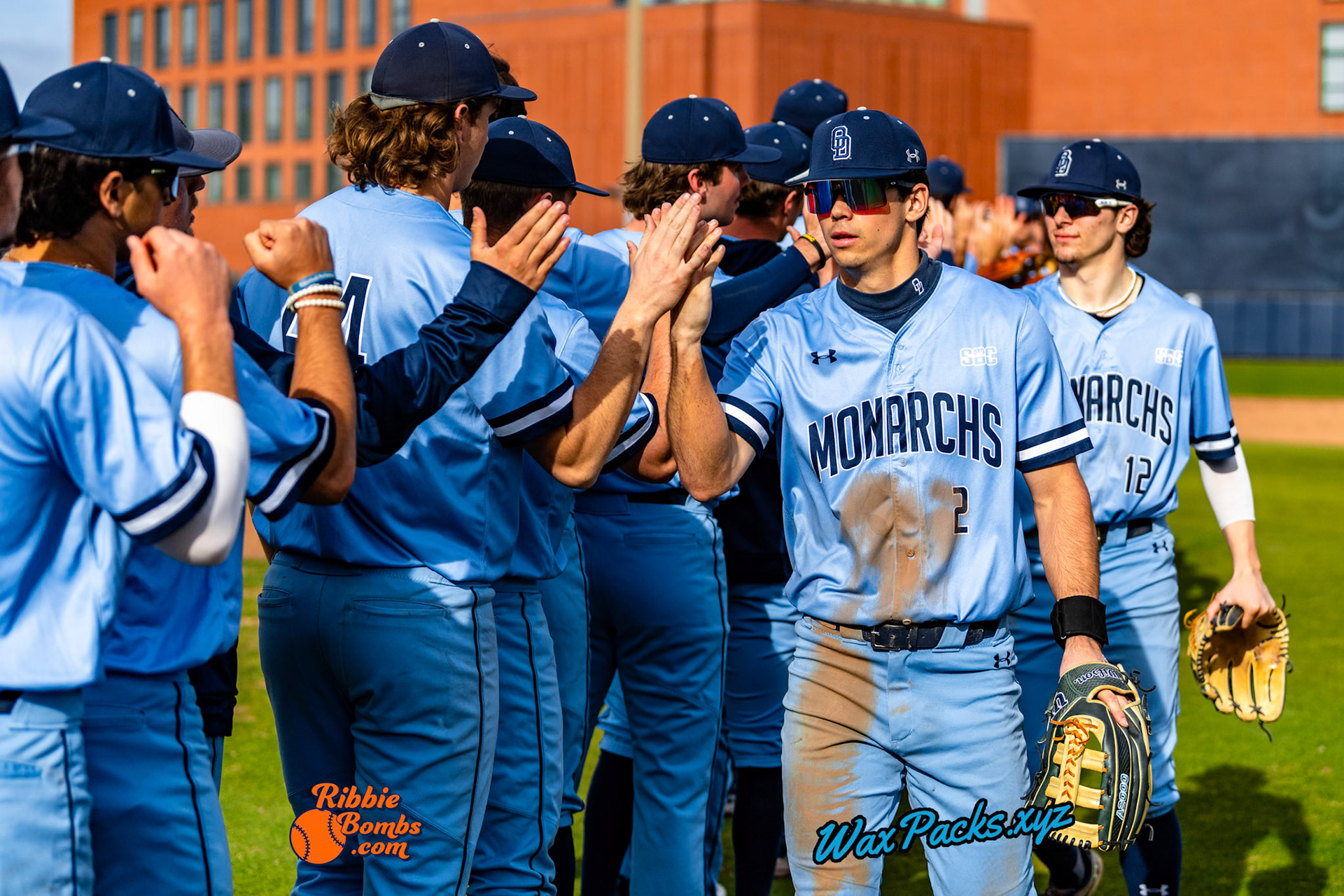 Old Dominion Team celebration after an ODU WIN in the third game of a three-game weekend series. The Monarchs defeated the 49ers, 3-0, at Bud Metheny Baseball Stadium on the campus of Old Dominion University in Norfolk, VA, on Sunday, March 3, 2024.(Photo Credit Chad W. via www.WaxPax.xyz via Getty Images, Copyright © WaxPacks.xyz WaxPacks.xyz™ 2024)
