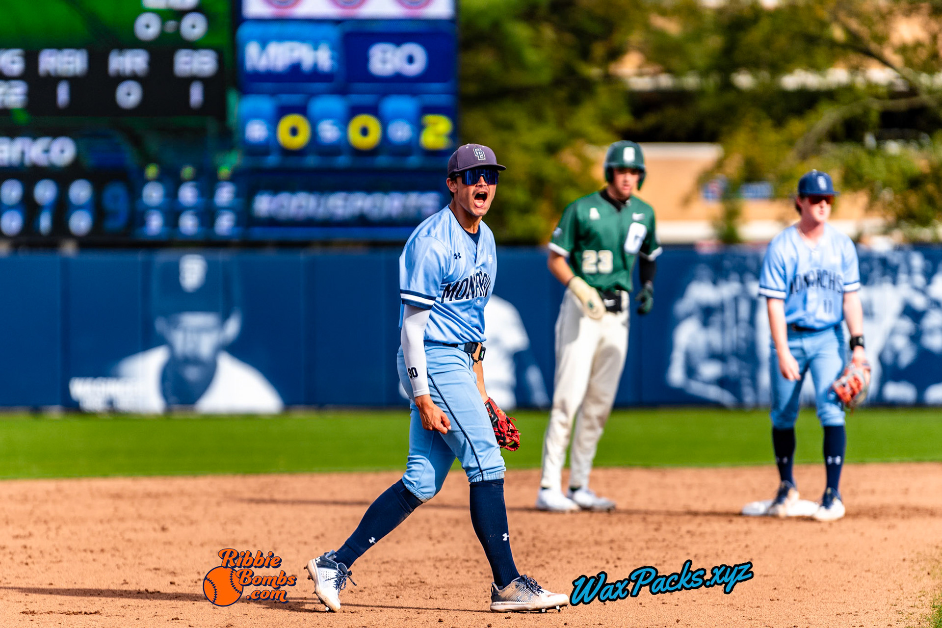 Shortstop Kyle Edwards (4) of Old Dominion walks off the field in celebration of an ODU WIN in the third game of a three-game weekend series. The Monarchs defeated the 49ers, 3-0, at Bud Metheny Baseball Stadium on the campus of Old Dominion University in Norfolk, VA, on Sunday, March 3, 2024.(Photo Credit Chad W. via www.WaxPax.xyz via Getty Images, Copyright © WaxPacks.xyz WaxPacks.xyz™ 2024)