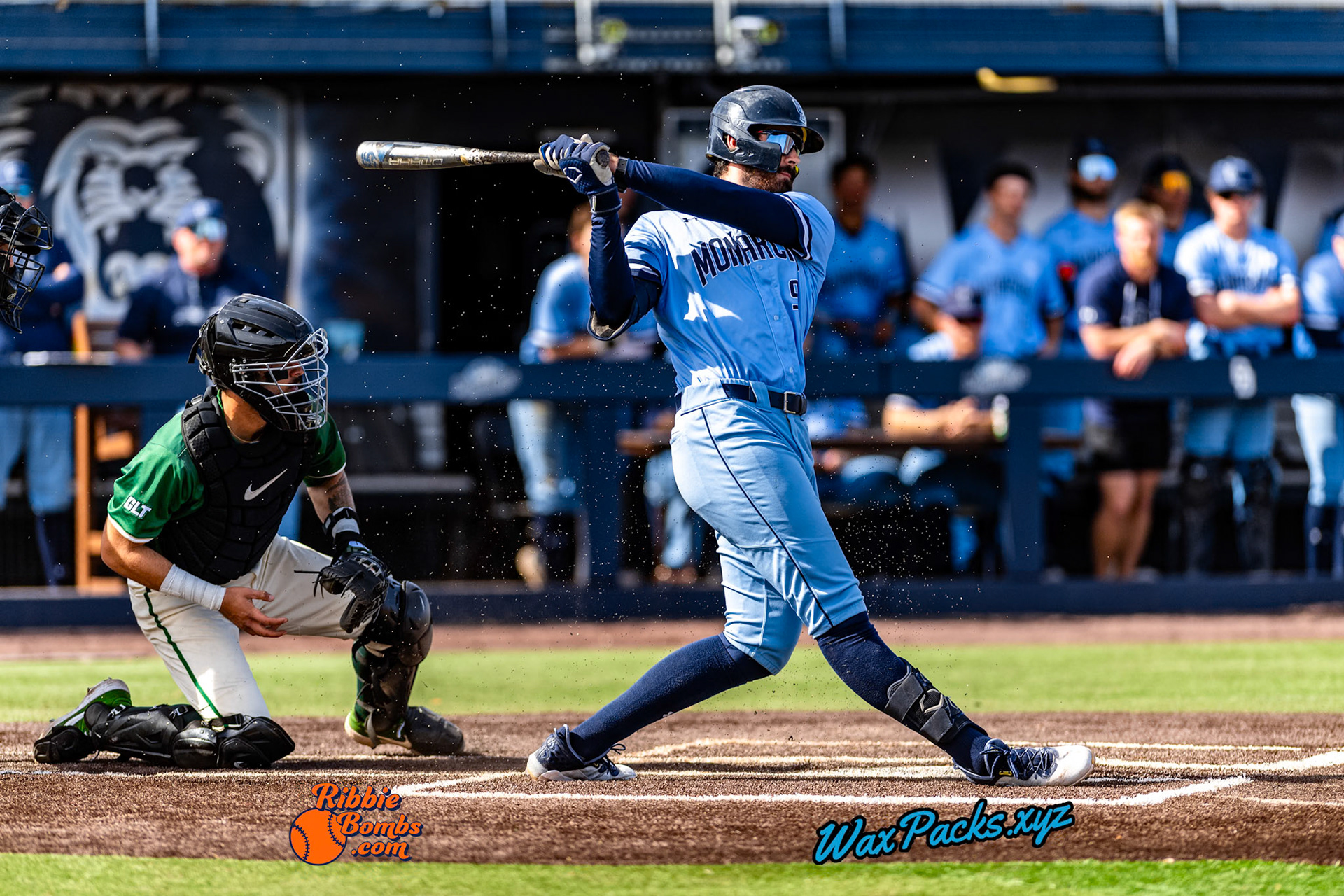 Designated hitter Jake Ticer (9) of Old Dominion grounded out to the shortstop in the bottom of the third inning in the third game of a 3-game weekend series. The Monarchs defeated the 49ers, 3-0, at Bud Metheny Baseball Stadium on the campus of Old Dominion University in Norfolk, VA, on Sunday, March 3, 2024.(Photo Credit Chad W. via www.WaxPax.xyz via Getty Images, Copyright © WaxPacks.xyz WaxPacks.xyz™ 2024)