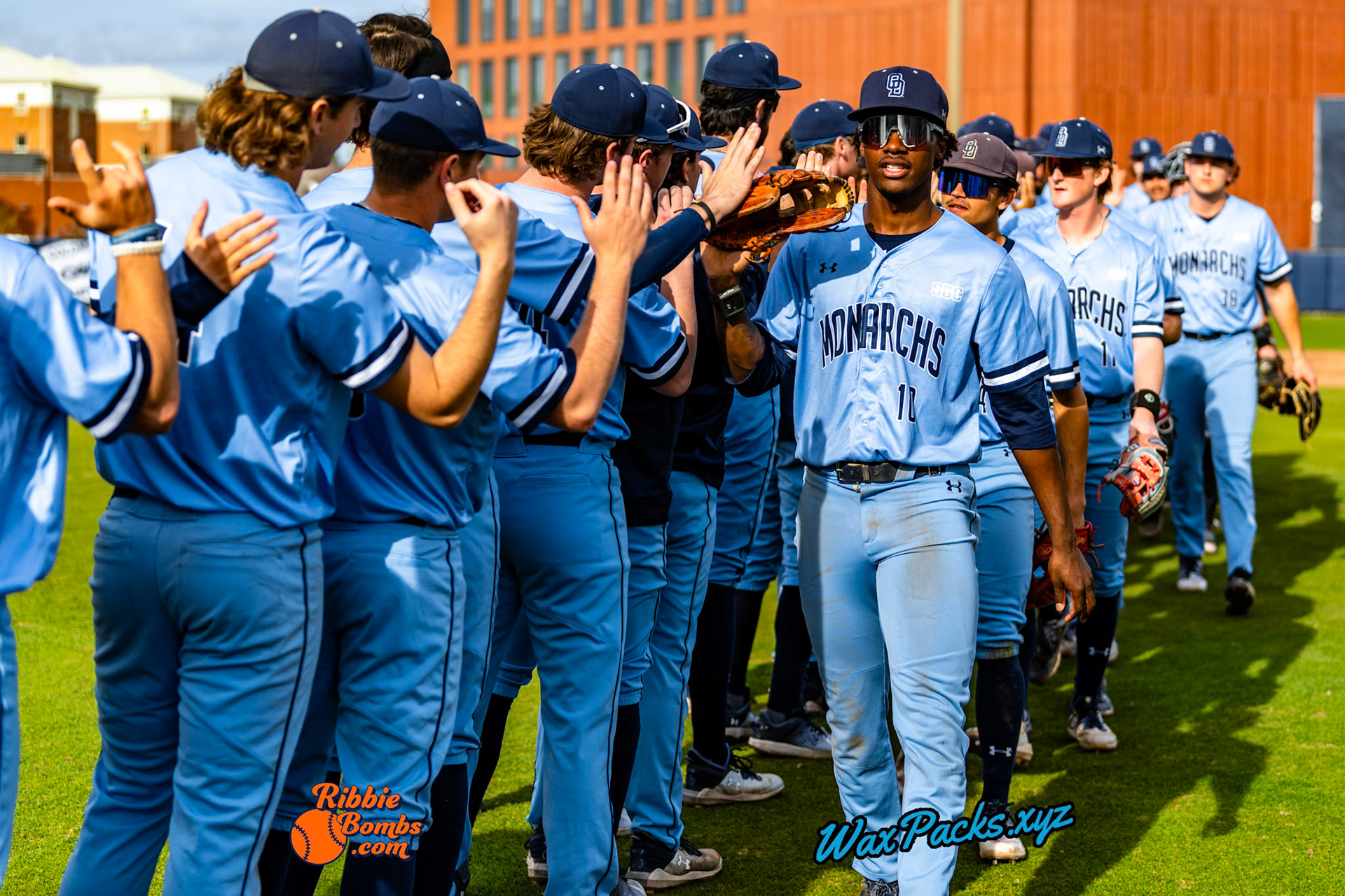 Old Dominion Team celebration after an ODU WIN in the third game of a three-game weekend series. The Monarchs defeated the 49ers, 3-0, at Bud Metheny Baseball Stadium on the campus of Old Dominion University in Norfolk, VA, on Sunday, March 3, 2024.(Photo Credit Chad W. via www.WaxPax.xyz via Getty Images, Copyright © WaxPacks.xyz WaxPacks.xyz™ 2024)