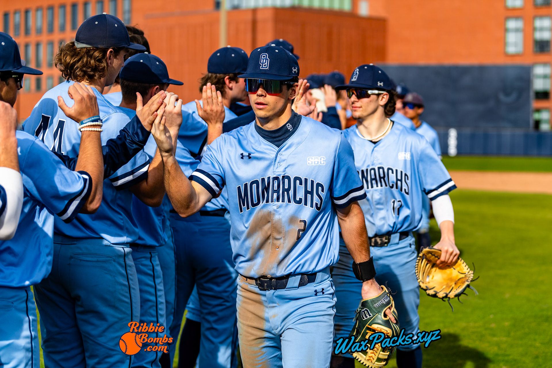 Old Dominion Team celebration after an ODU WIN in the third game of a three-game weekend series. The Monarchs defeated the 49ers, 3-0, at Bud Metheny Baseball Stadium on the campus of Old Dominion University in Norfolk, VA, on Sunday, March 3, 2024.(Photo Credit Chad W. via www.WaxPax.xyz via Getty Images, Copyright © WaxPacks.xyz WaxPacks.xyz™ 2024)