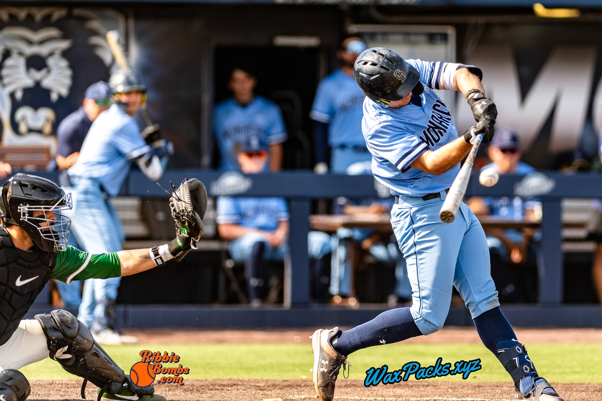 First baseman Alex Bouche (8) of Old Dominion doubled to right field in the bottom of the 4th inning in the third game of a 3-game weekend series. The Monarchs defeated the 49ers, 3-0, at Bud Metheny Baseball Stadium on the campus of Old Dominion University in Norfolk, VA, on Sunday, March 3, 2024.(Photo Credit Chad W. via www.WaxPax.xyz via Getty Images, Copyright © WaxPacks.xyz WaxPacks.xyz™ 2024)
