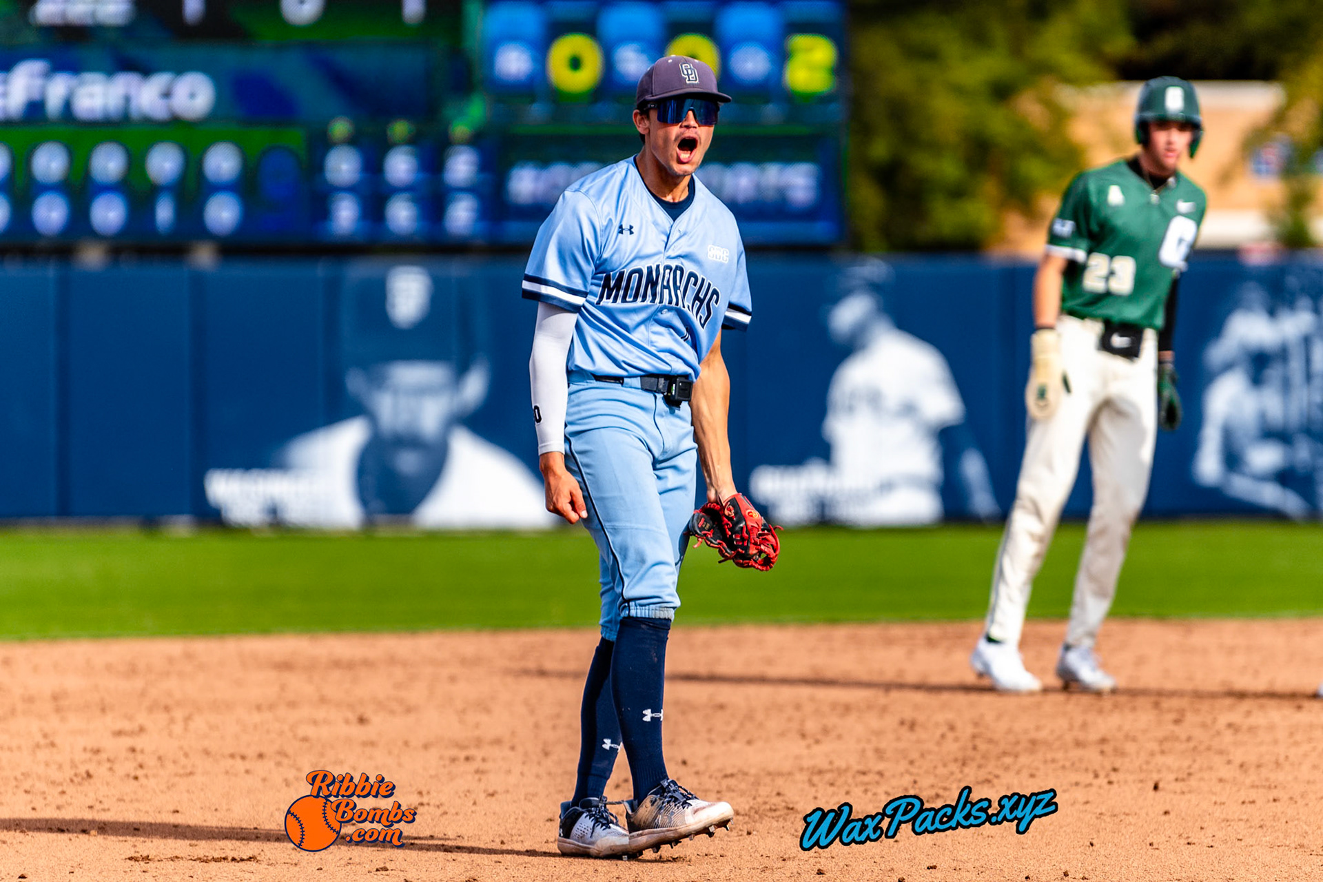 Shortstop Kyle Edwards (4) of Old Dominion walks off the field in celebration of an ODU WIN in the third game of a three-game weekend series. The Monarchs defeated the 49ers, 3-0, at Bud Metheny Baseball Stadium on the campus of Old Dominion University in Norfolk, VA, on Sunday, March 3, 2024.(Photo Credit Chad W. via www.WaxPax.xyz via Getty Images, Copyright © WaxPacks.xyz WaxPacks.xyz™ 2024)