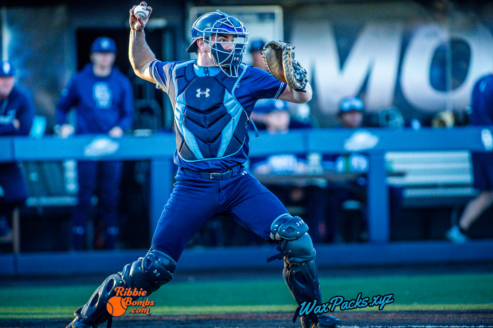 Catcher Evan Holman (23) of Old Dominion throws down to second in the eighth inning of the second game of a three-game weekend series. The Monarchs defeated the 49ers, 4-1, at Bud Metheny Baseball Stadium on the campus of Old Dominion University in Norfolk, VA, on Saturday, March 2, 2024.  (Photo Credit Chad W. via www.WaxPax.xyz via Getty Images, Copyright © WaxPacks.xyz WaxPacks.xyz™ 2024)