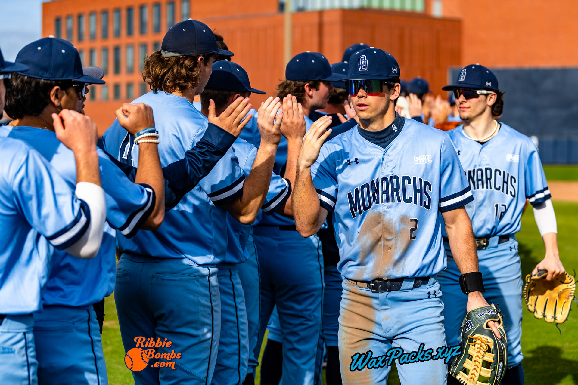 Old Dominion Team celebration after an ODU WIN in the third game of a three-game weekend series. The Monarchs defeated the 49ers, 3-0, at Bud Metheny Baseball Stadium on the campus of Old Dominion University in Norfolk, VA, on Sunday, March 3, 2024.(Photo Credit Chad W. via www.WaxPax.xyz via Getty Images, Copyright © WaxPacks.xyz WaxPacks.xyz™ 2024)
