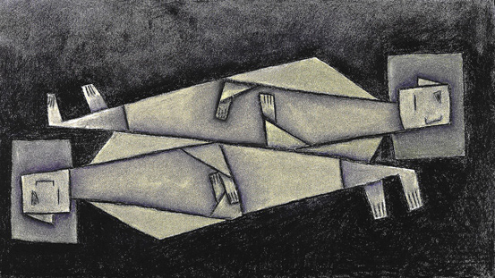 "Back to back and head-to-toe" Pastel and charcoal