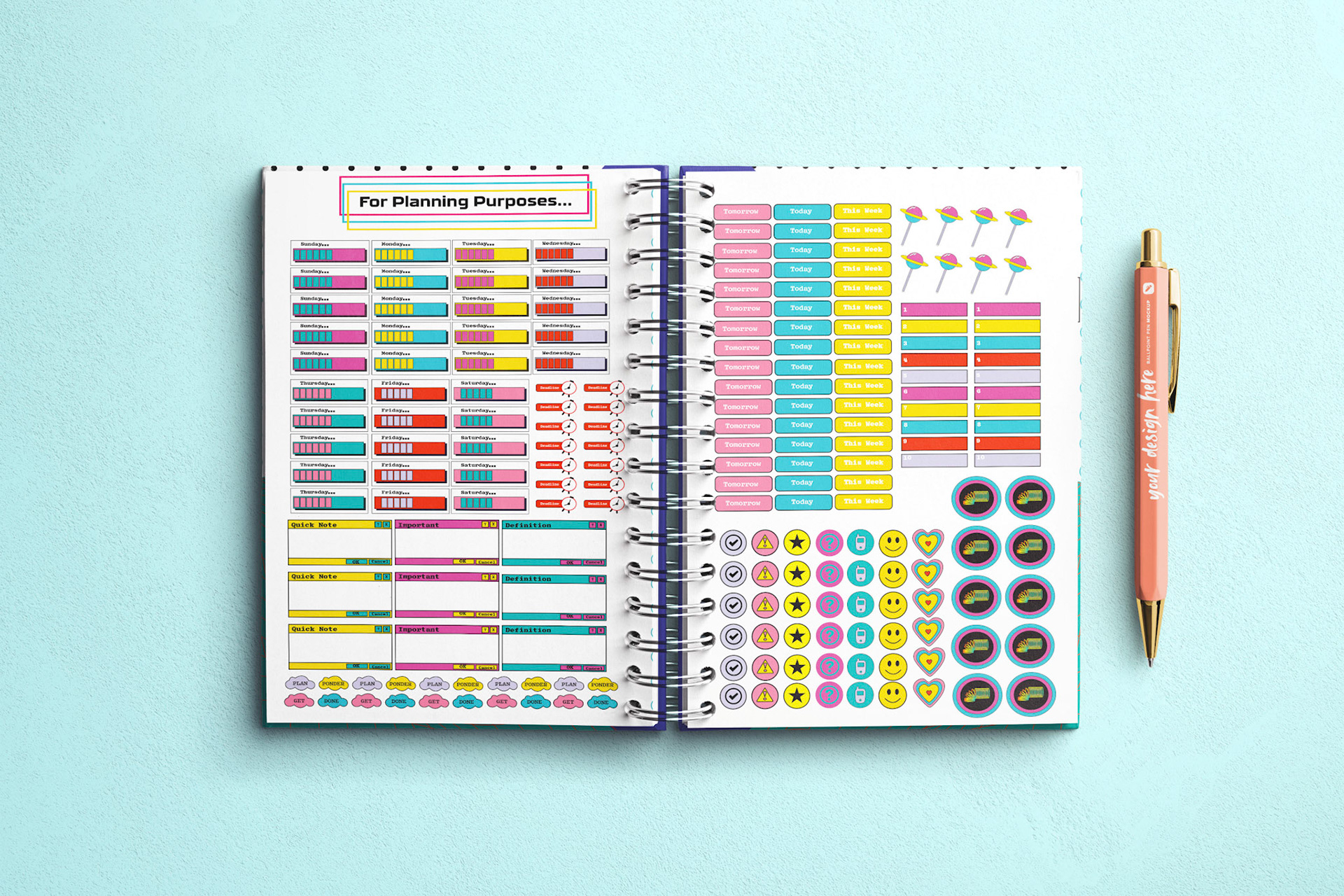 Mockup of open page student journal containing two pages of planning stickers to use in journal