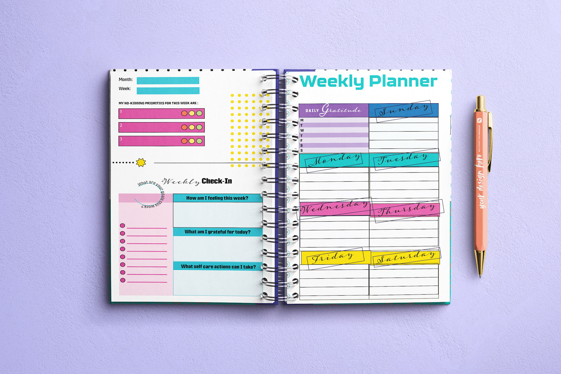 Mockup of open page student journal showing weekly planner, to-do checklist, weekly priorities, and self-care check in questions