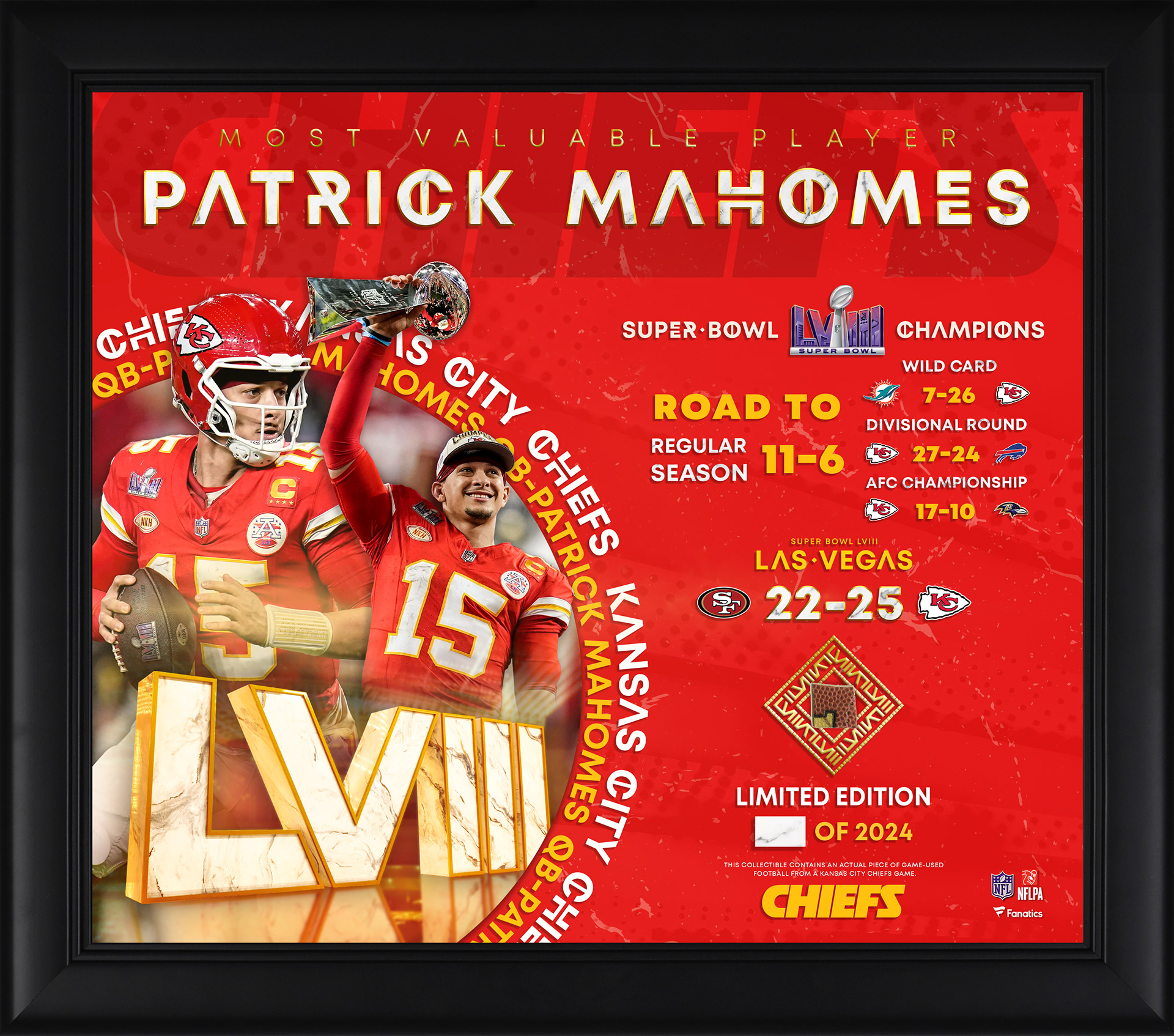 Patrick Mahomes Kansas City Chiefs Fanatics Authentic Super Bowl LVIII MVP Framed 15" x 17" Collage with a Piece of Game-Used Football - Limited Edition of 2024
