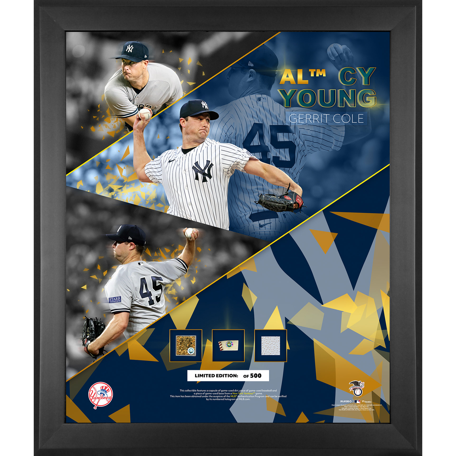 Gerrit Cole New York Yankees Fanatics Authentic Framed 2023 American League Cy Young Award 20" x 24" Collage with Pieces of Game-Used Dirt, Baseball, and Base - Limited Edition of 500