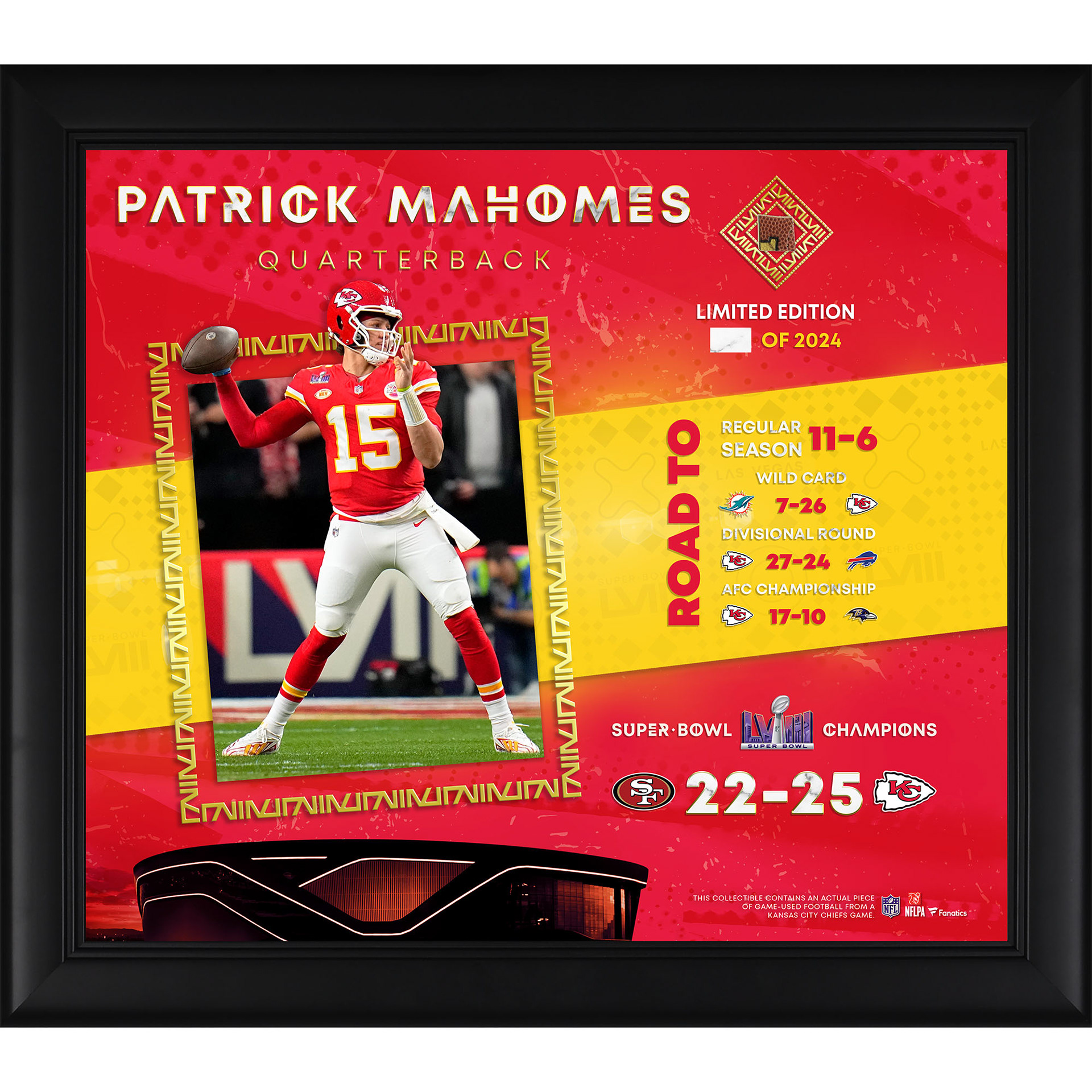 Patrick Mahomes Kansas City Chiefs Fanatics Authentic Super Bowl LVIII Champions Framed 15" x 17" Collage with a Piece of Game-Used Football - Limited Edition of 2024