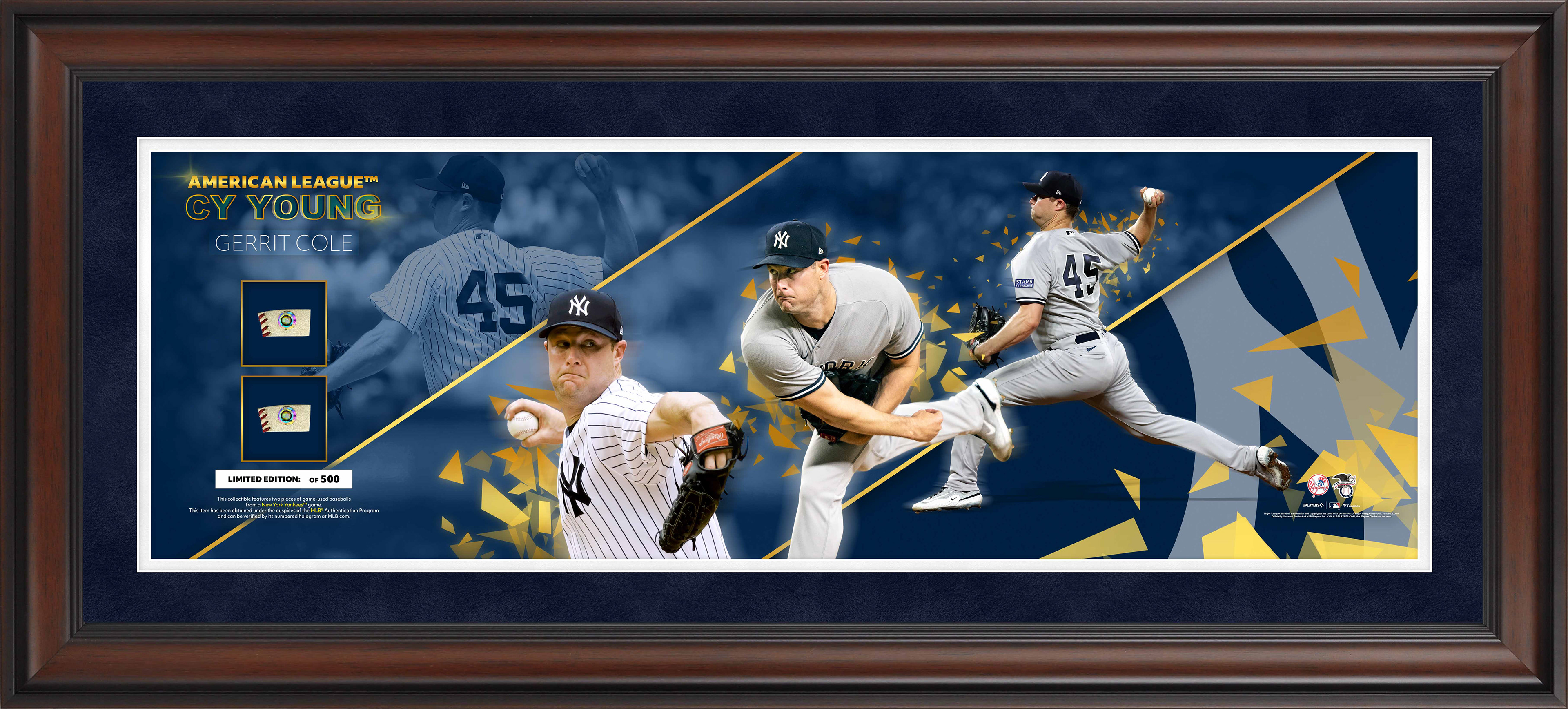 Gerrit Cole New York Yankees Fanatics Authentic Framed 2023 American League Cy Young Award 10" x 30" Pano with Two Pieces of Game-Used Baseballs - Limited Edition of 500