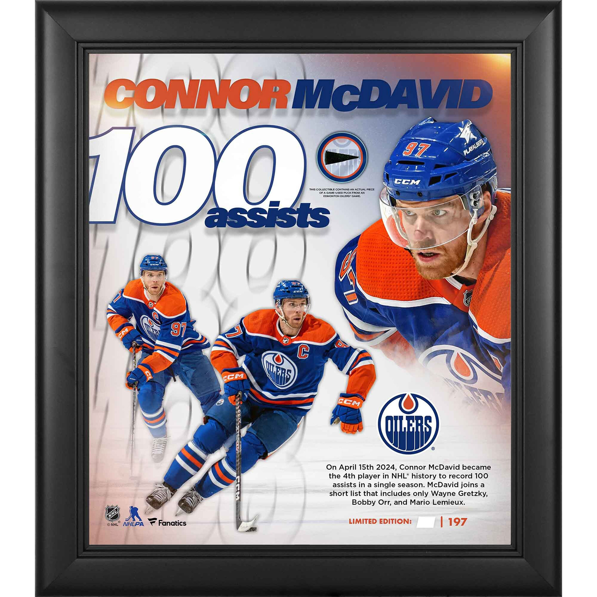 Connor McDavid Edmonton Oilers Fanatics Authentic 100 Assists in a Single Season Framed 15" x 17" Collage with a Piece of Game-Used Puck - Limited Edition of 197