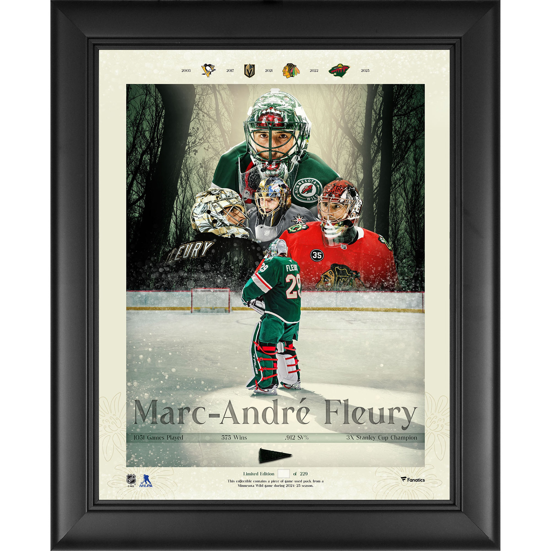 Marc-Andre Fleury Minnesota Wild Fanatics Authentic Framed 13" x 16" NHL Retirement Collage with a Piece of Game-Used Puck from the 2024-25 Season - Limited Edition of 229
