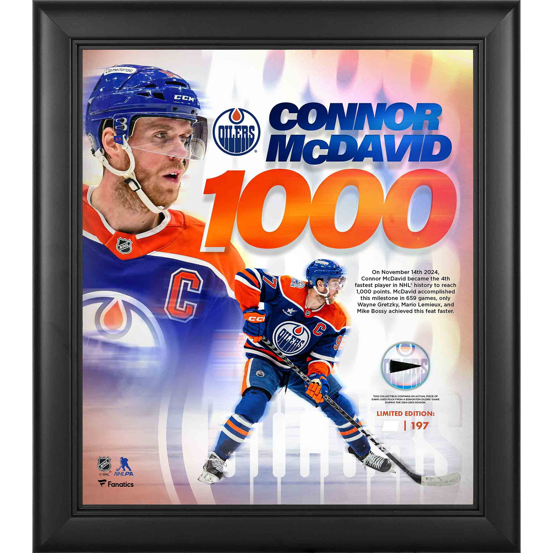Connor McDavid Edmonton Oilers Fanatics Authentic Framed 15" x 17" 1,000 NHL Points Collage with a Piece of Game-Used Puck - Limited Edition of 197