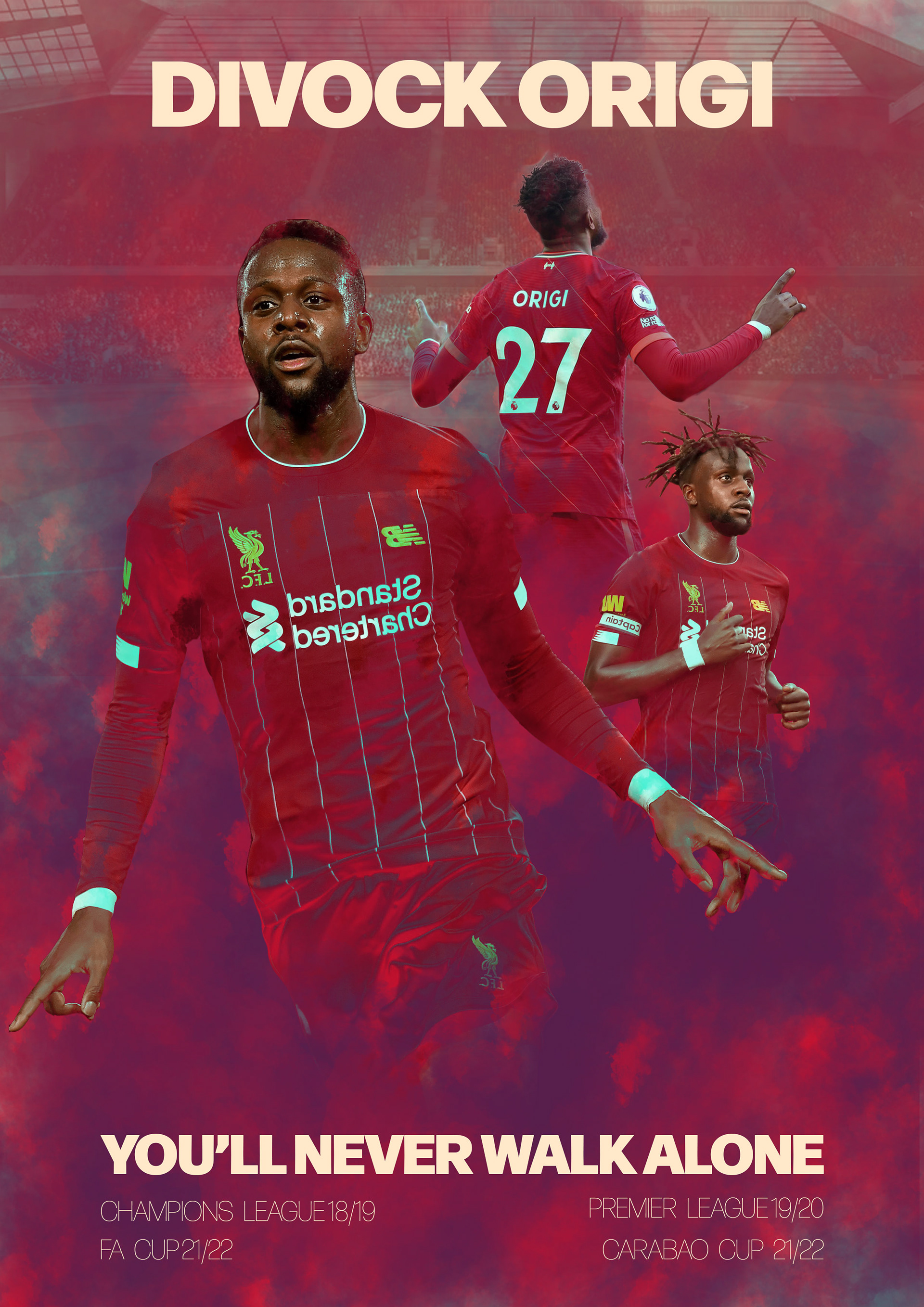 Poster dedicated to Divock Origi, celebrating his achievements at Liverpool Football club
