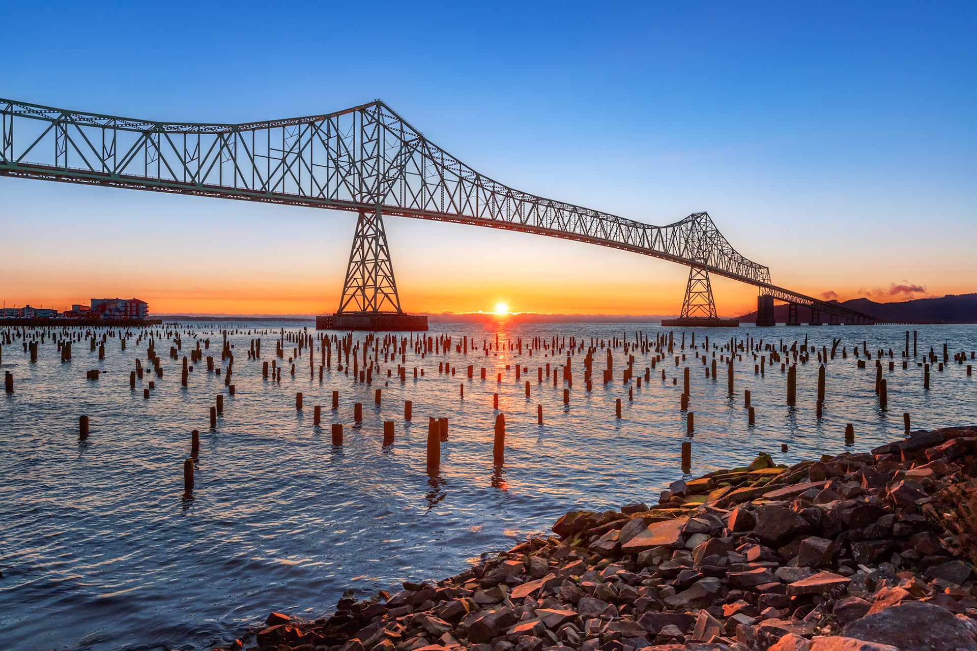 Sunset under Astoria-Megler Bridge Columbia River Oregon