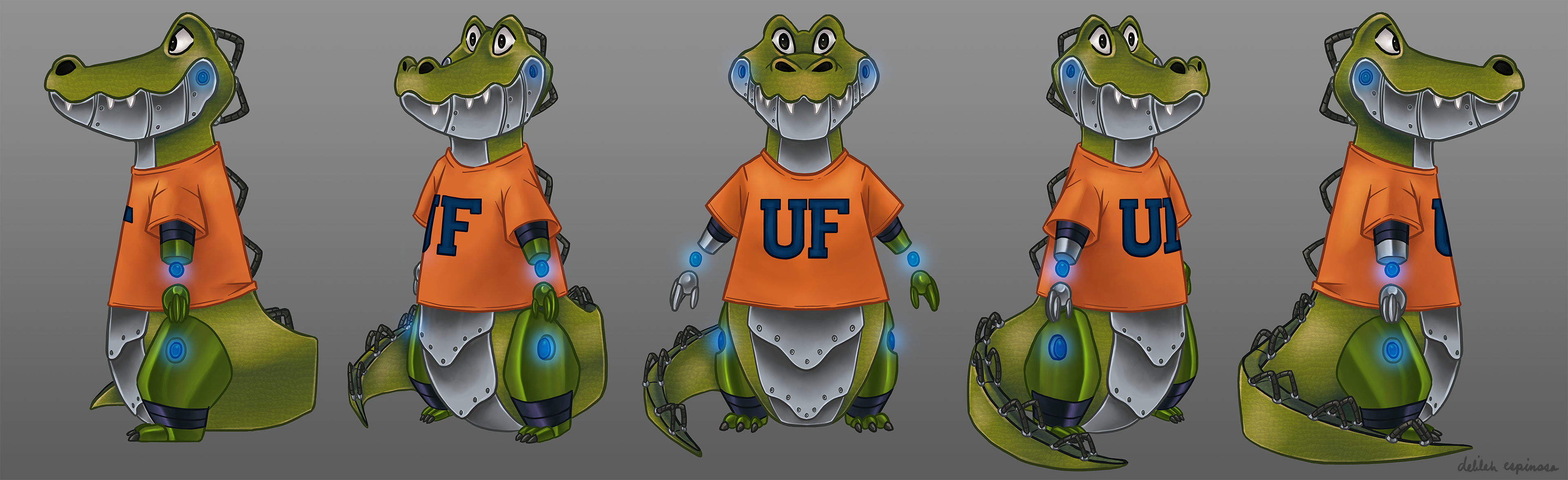 Alli Gator turnaround, University of Florida mascot. Part gator, part robot. Designed for the school's question bot on their website.