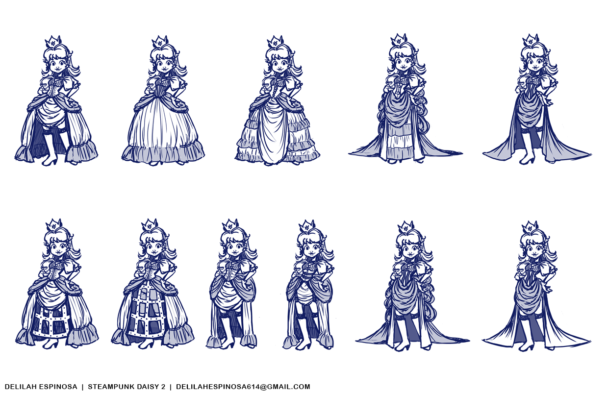 Steampunk design options for Princess Daisy from the Mario games