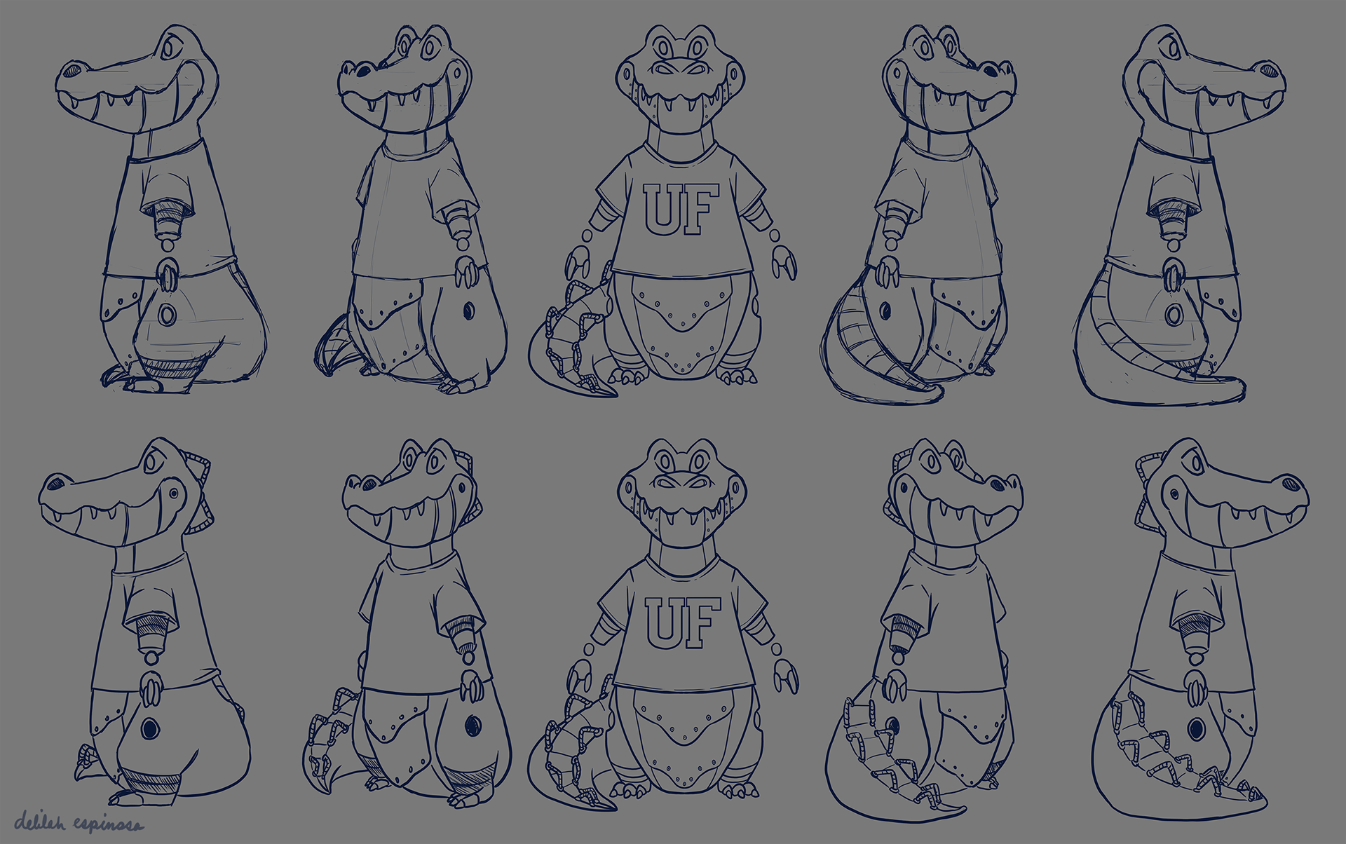 Alli Gator turnaround sketches and line art