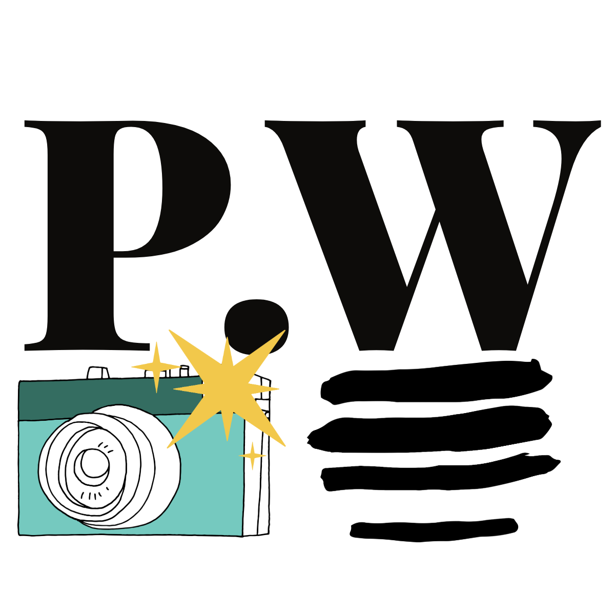 Peter Wiercioch's logo, with initials P.W above a camera found under the P and an abstract series of lines under the w