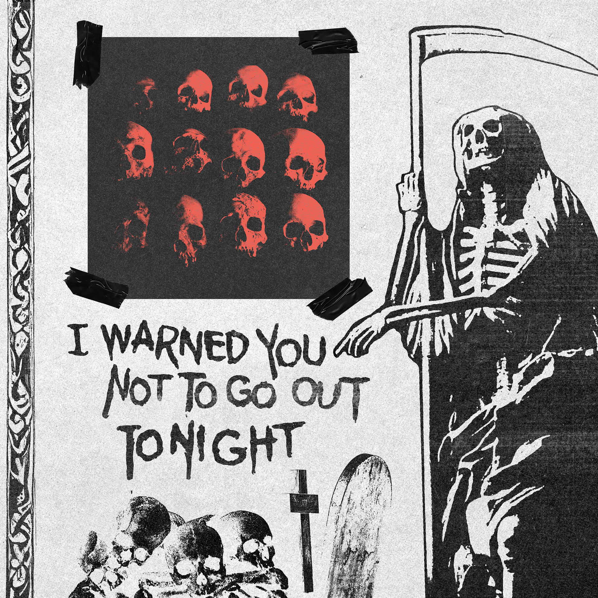 Warning - Two-dimensional digital collage using paid and public domain images with hand-drawn typography. Mixed Media.