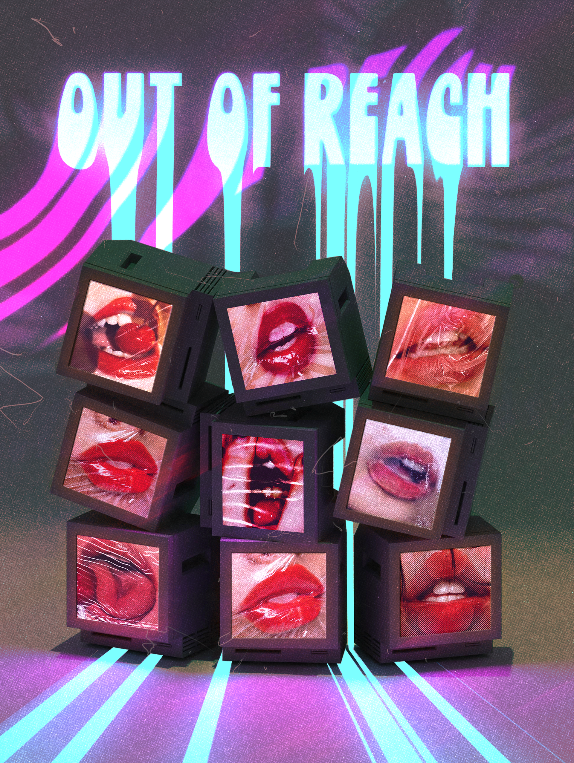 Out Of Reach - Digital composition poster made using textured plastic wrap, public domain images, strong emphasis on typography design with neon bleeding effect, application of colour, and liquification effects. Adobe Photoshop CC.