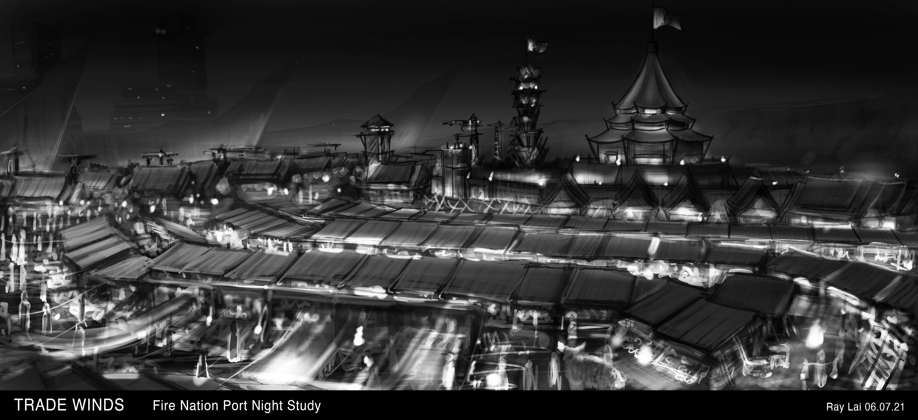 Preliminary Fire Nation Port with Market Sketch - Night