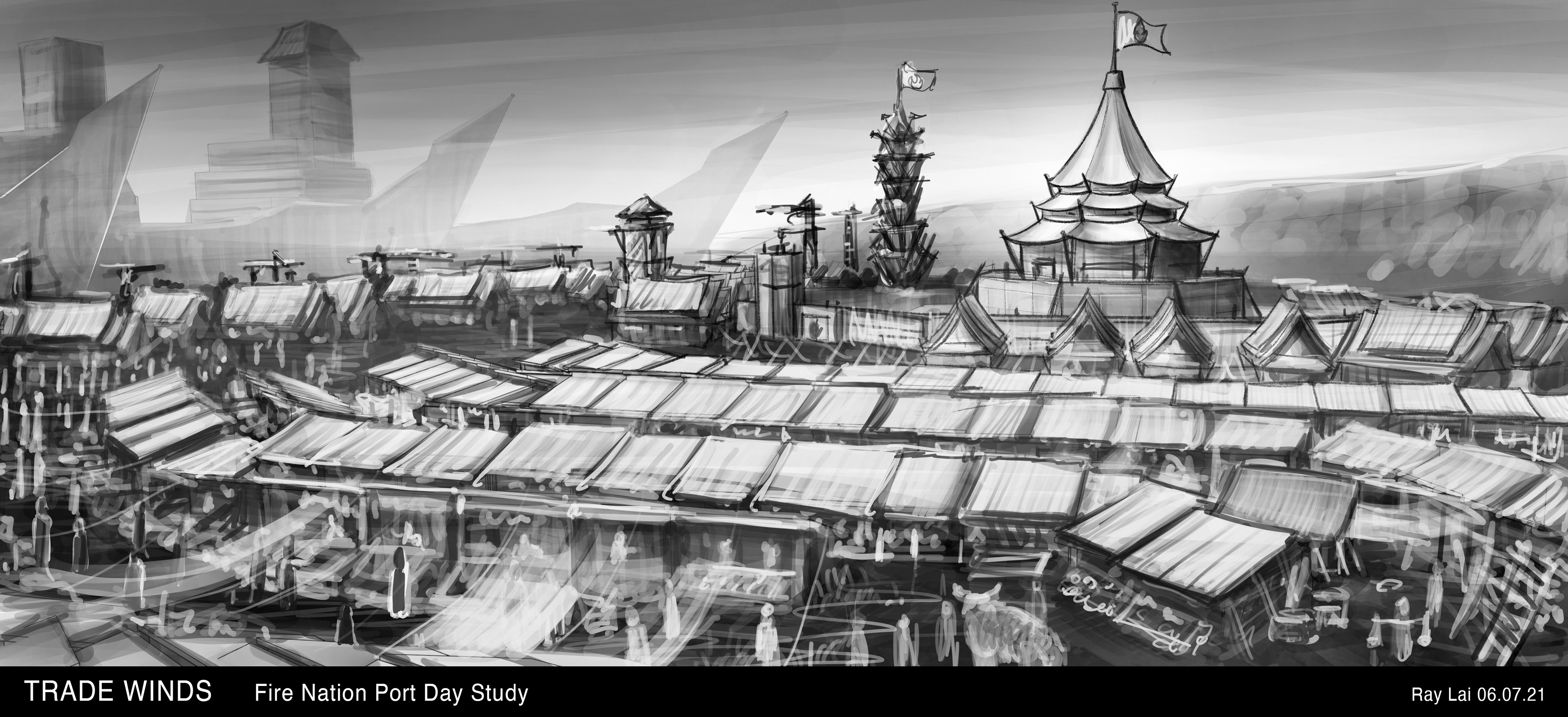 Preliminary Fire Nation Port with Market Sketch - Day