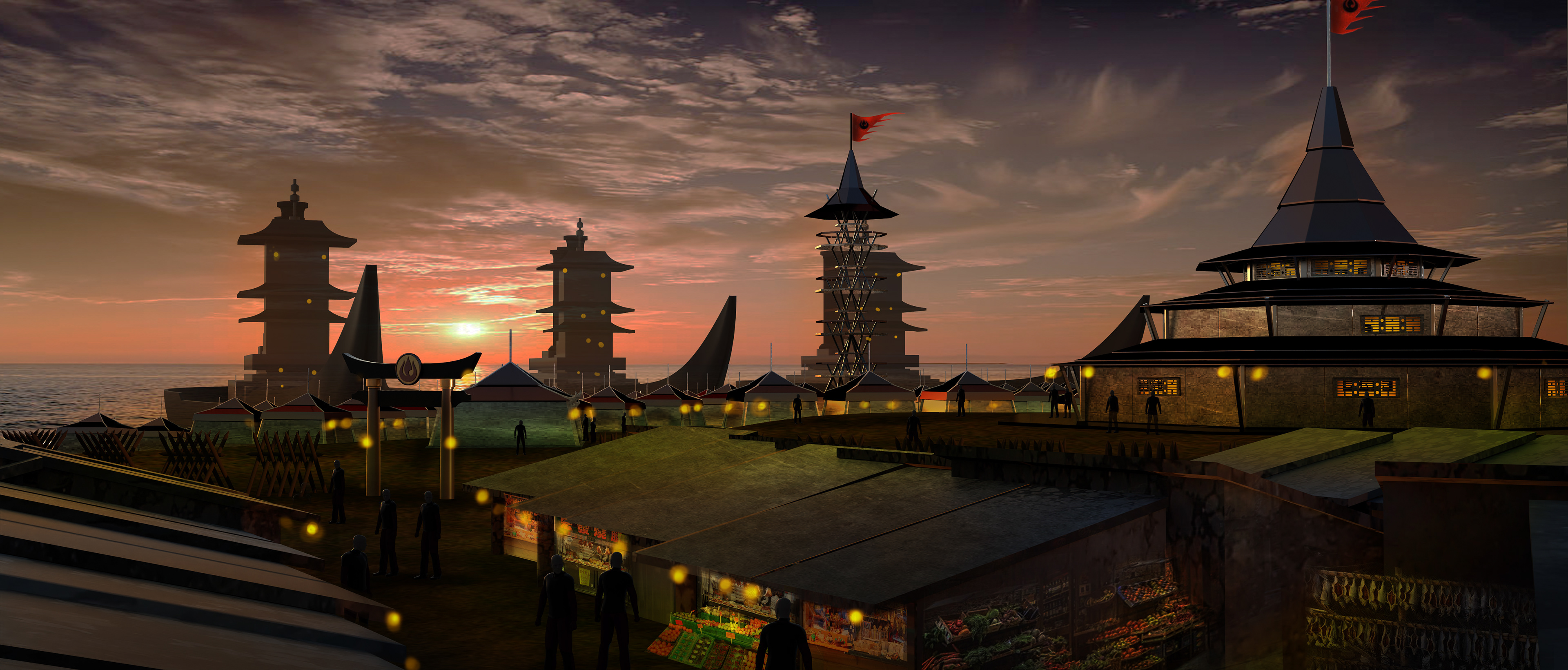 Preliminary Fire Nation Port with Market - Sunset