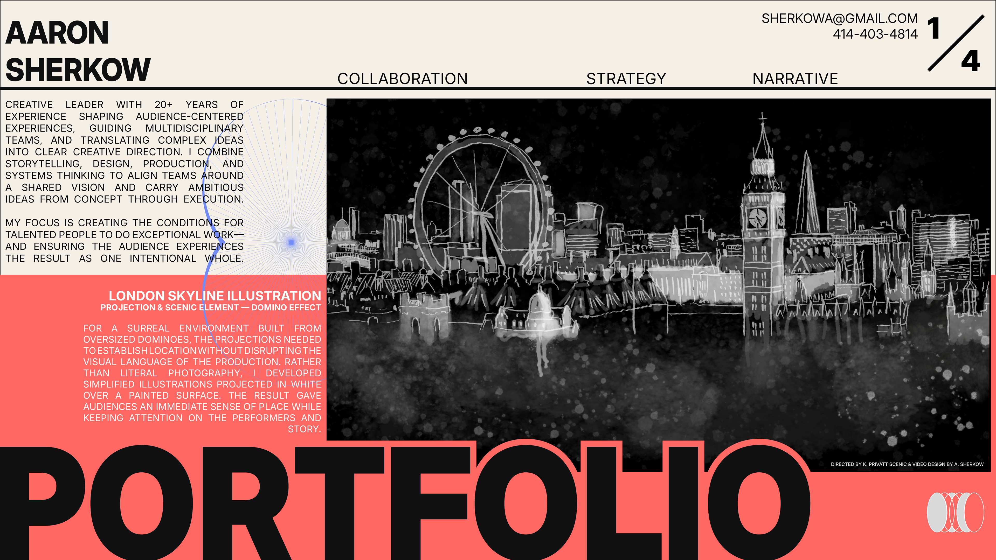 A projection and scenic design example demonstrating how I translate an established visual language across media. The simplified London skyline communicates place immediately while supporting, rather than competing with, the larger audience experience.