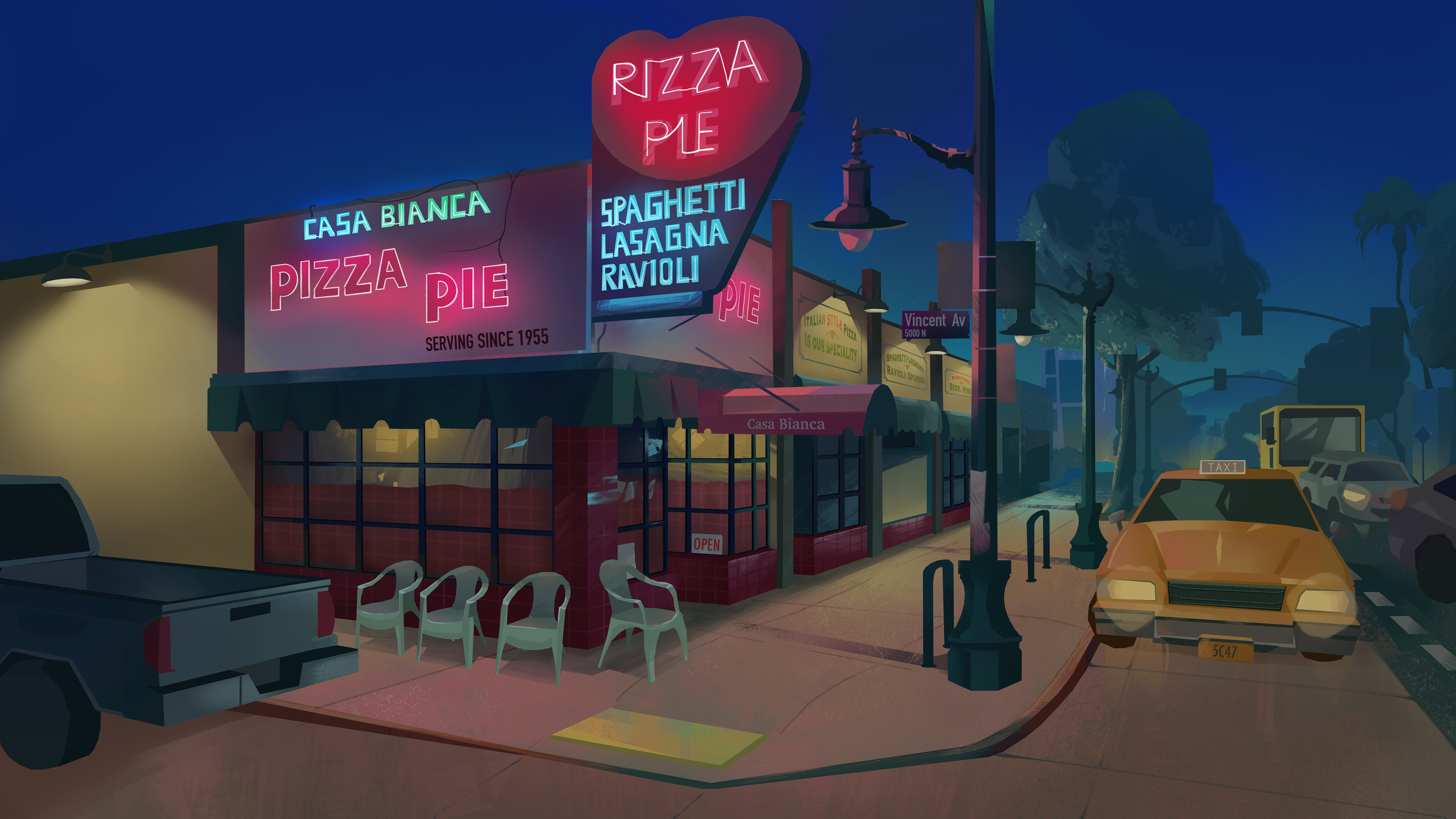 Casa Bianca Pizza Pie Background Painting Night