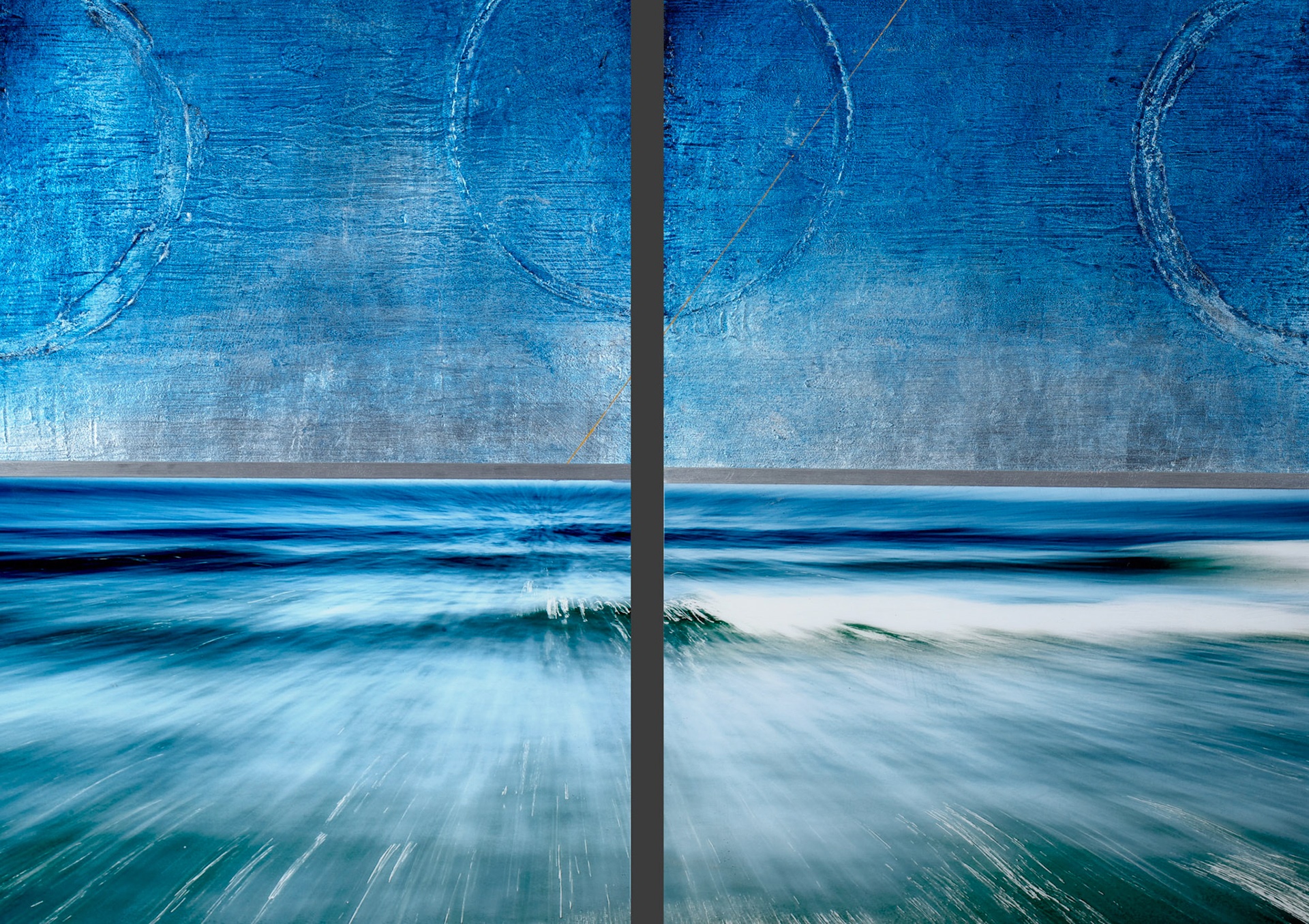 Sme of my Ocean Art... Flying over Ocean on a cloudy day...Silver leaf with Oil glazes and metal strip on wood