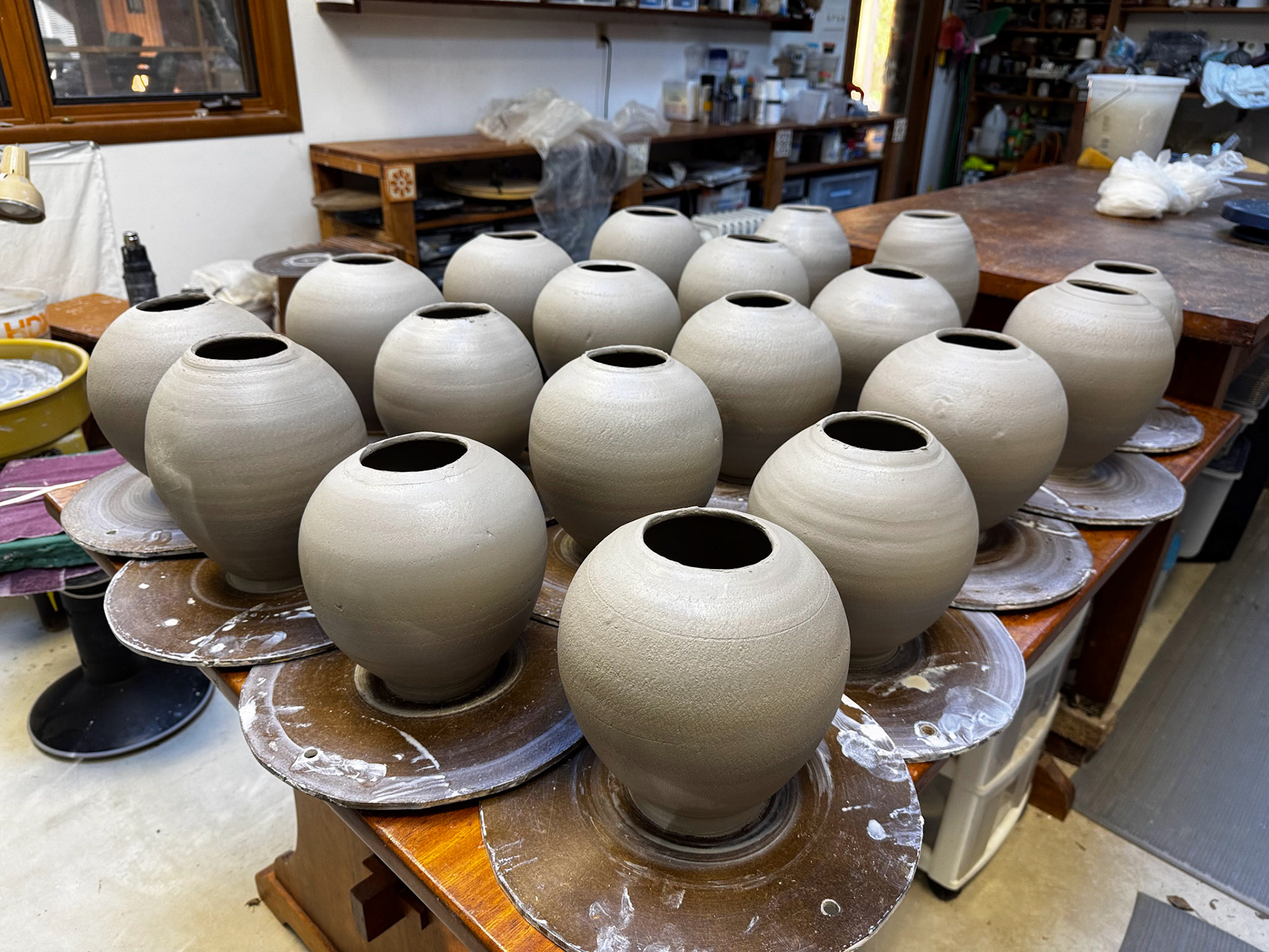Vases in progress before the tops are added.