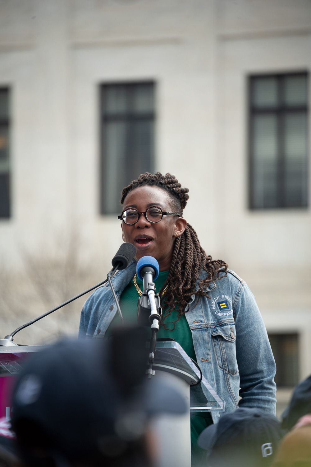 Kelly Robinson, president of the Human Rights Campaign giving a powerful speech at the rally for patient rights while being nine months pregnant.