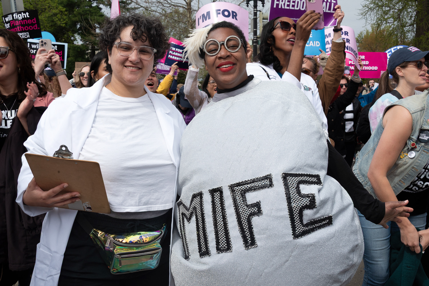 Two women dressed up as a doctor and mifeprestone.