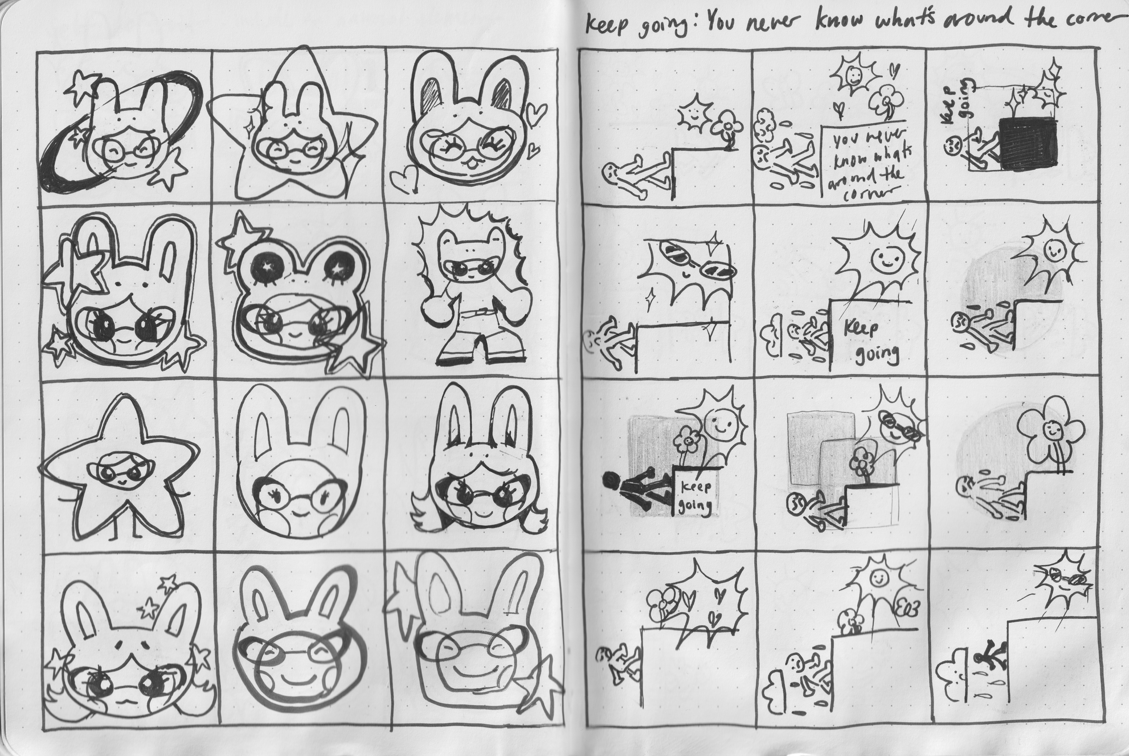 thumbnails for self-portrait symbol and "keep going"