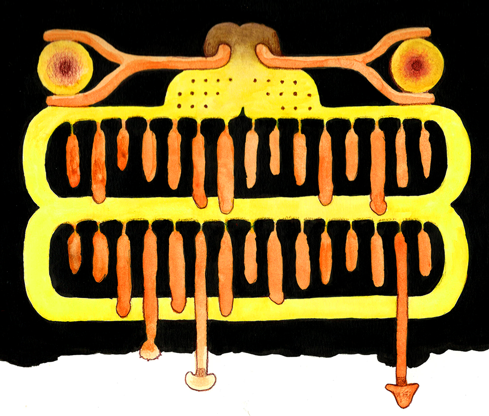 "B.B. Factori," a character that acts as a ploid bank / mushroom nursery, colored pencil, water color, ink on paper