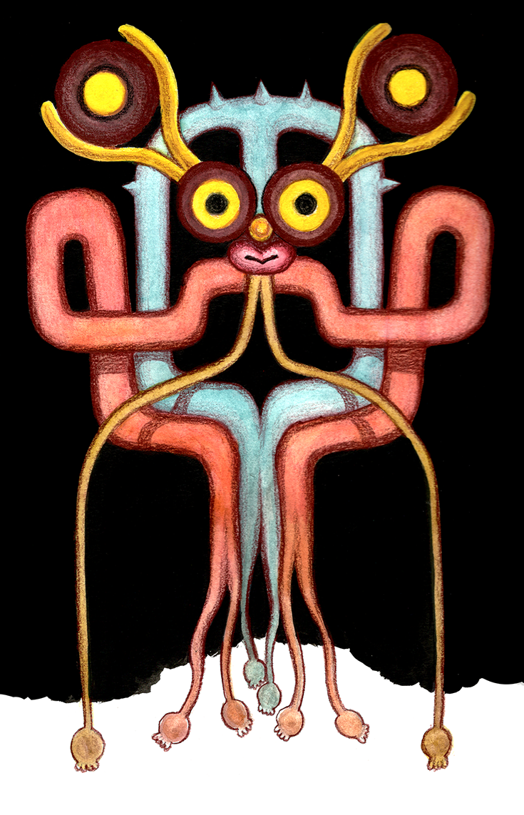 "Puff Daddy," a character that represents a colony of a puffball-like mushroom species, colored pencil, watercolor, ink on paper