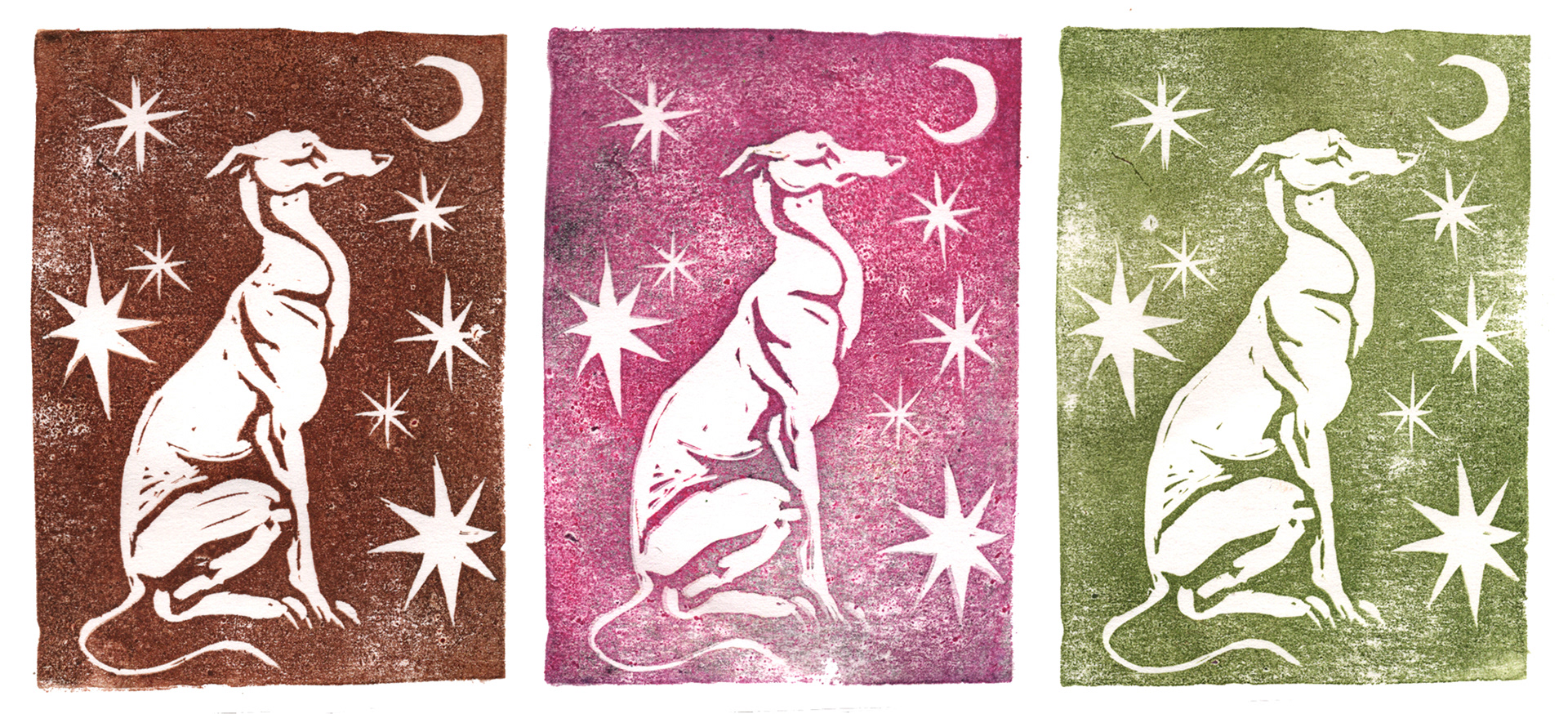 "greyhound," linoleum stamp