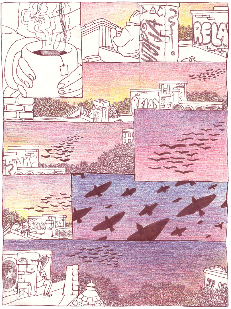 "Flock," colored pencil and ink on paper