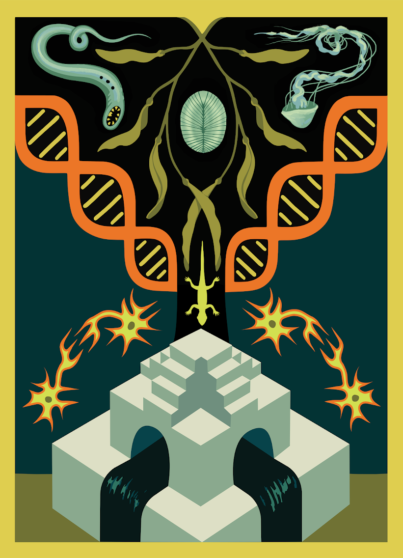 "Origin of the Brain," a poster created in honor of the Carboniferous lizard-like amphibiomorph that opened the door to our form of centralized consciousness, digital