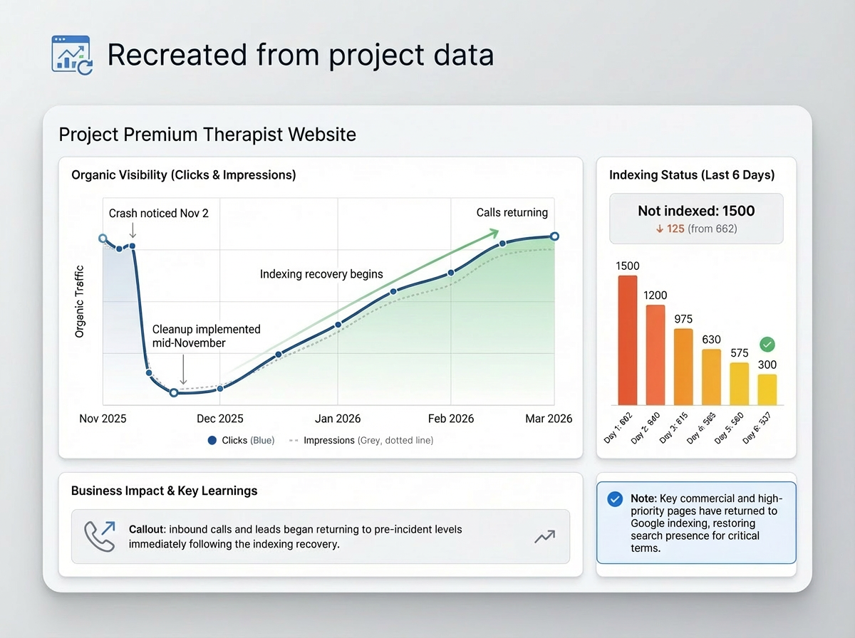 SEO recovery dashboard — organic visibility restored