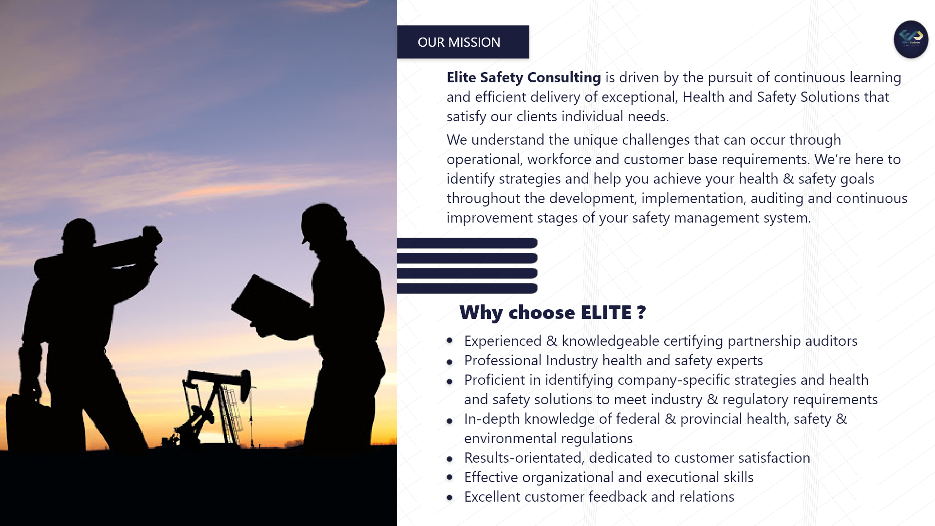 Mission page — split layout with brand messaging and value proposition