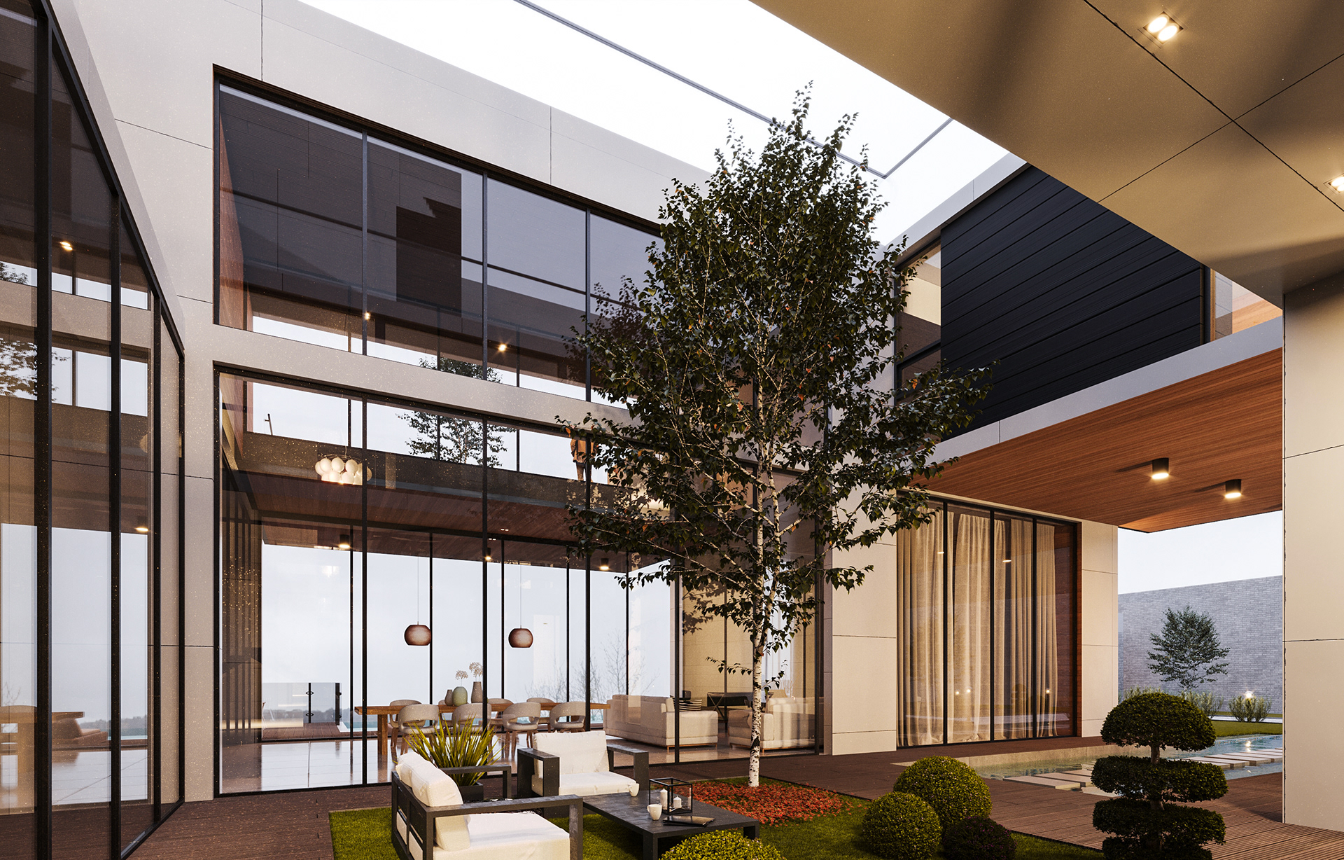 from the central courtyard to the eastern landscape, living room and dining space