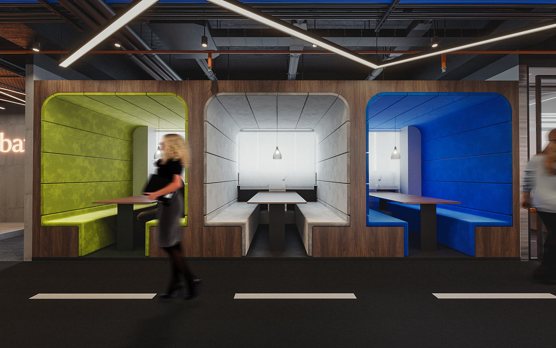 The resting lounge is designed in a modern and simple way for the purpose of having lunch or resting.