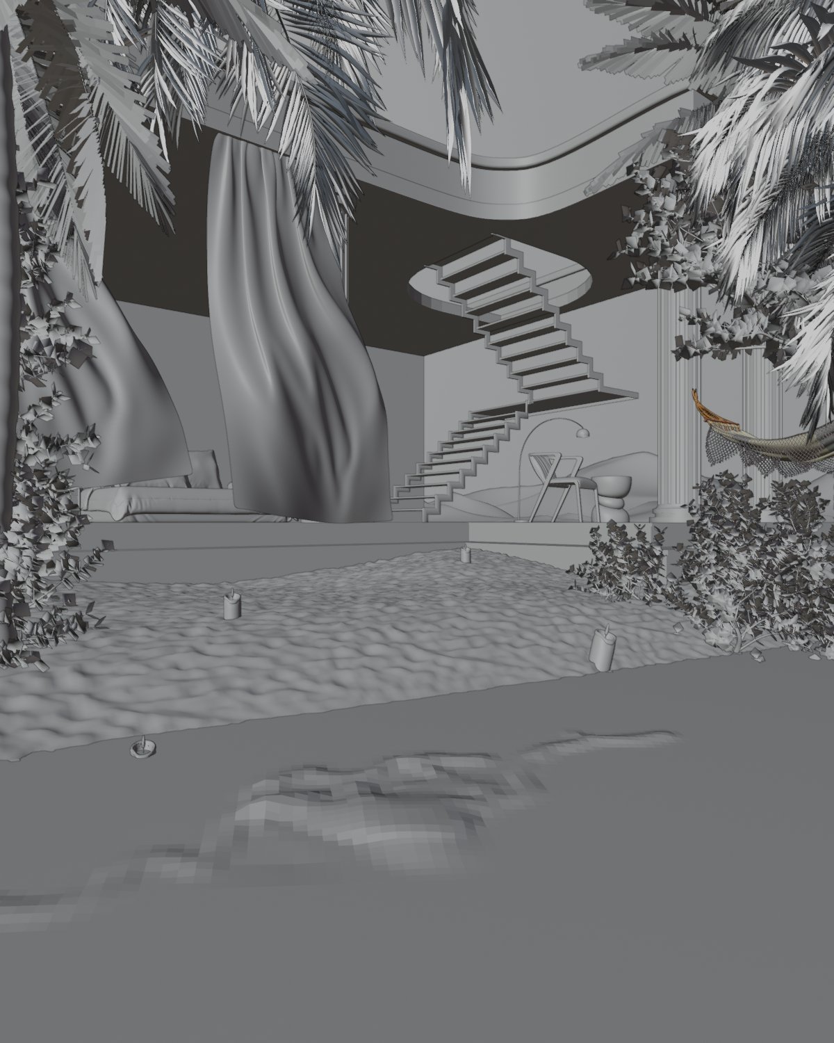 This image shows the assets I modelled for the scene as well as the assets I added using the BlenderKit add-on