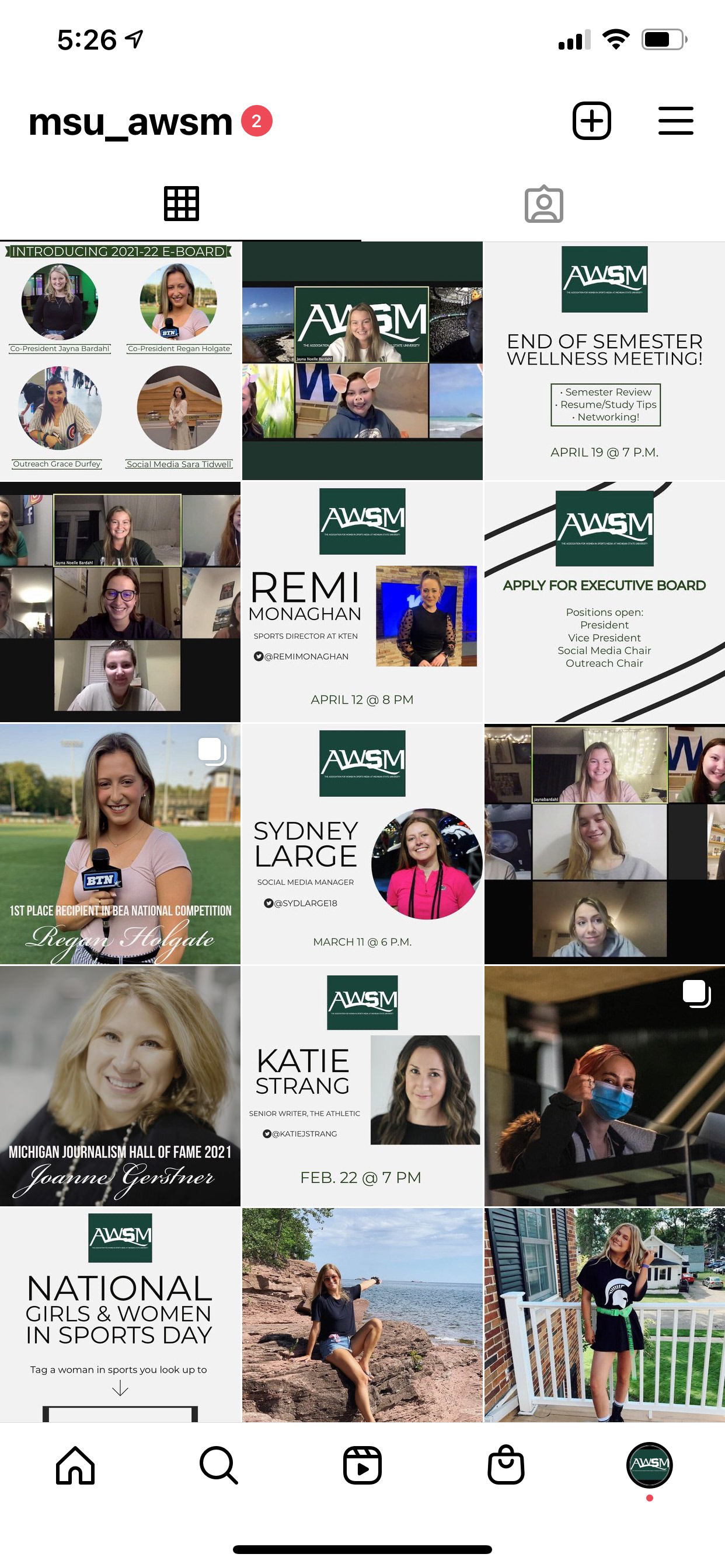 A screenshot of MSU AWSM Instagram feed at the end of my term which includes the consistent graphic theme I created.