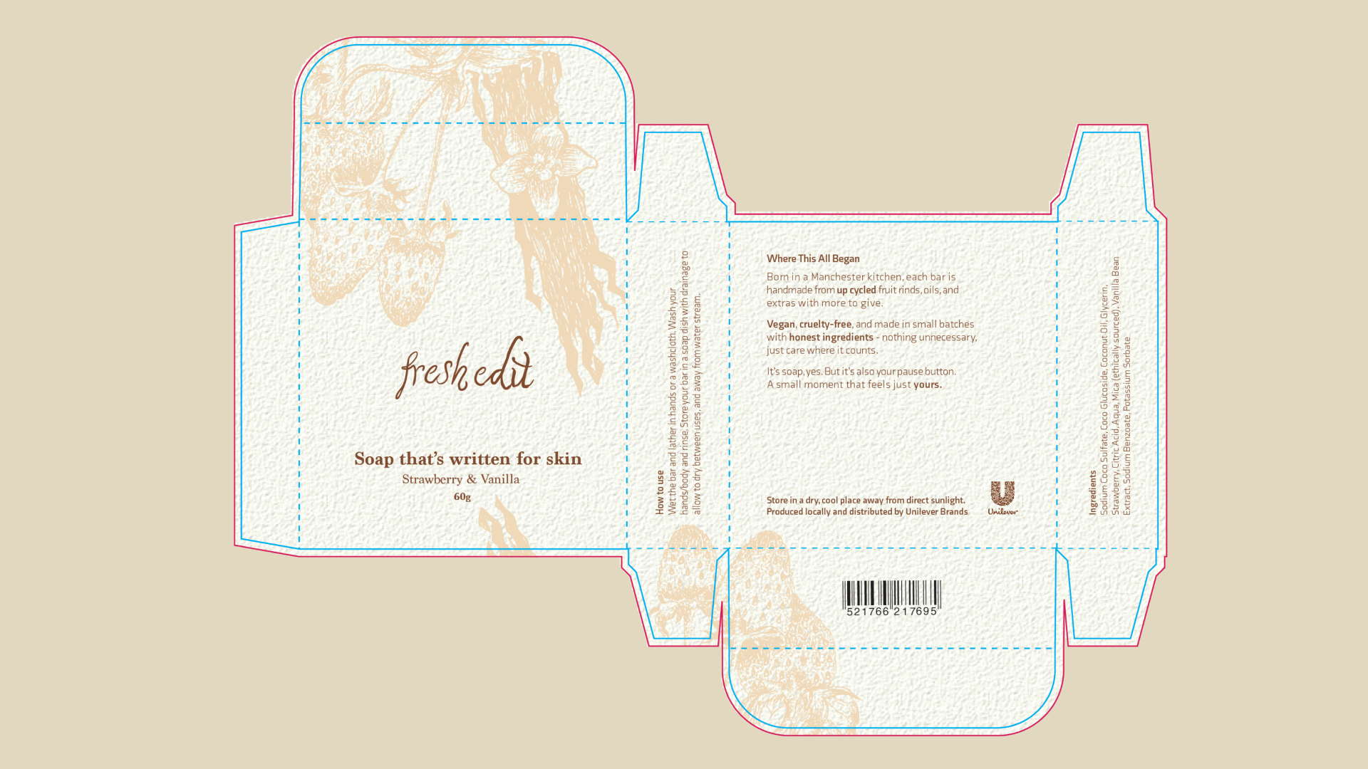 Dieline and flat packaging of the Strawberry and Vanilla soap product of Fresh Edit