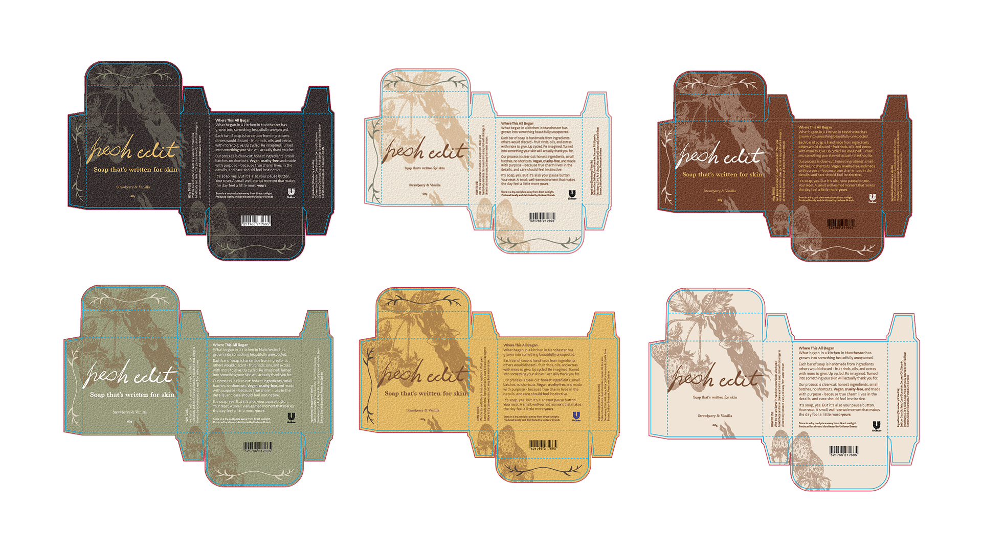 Iterations of first soap product packaging (strawberry & vanilla)